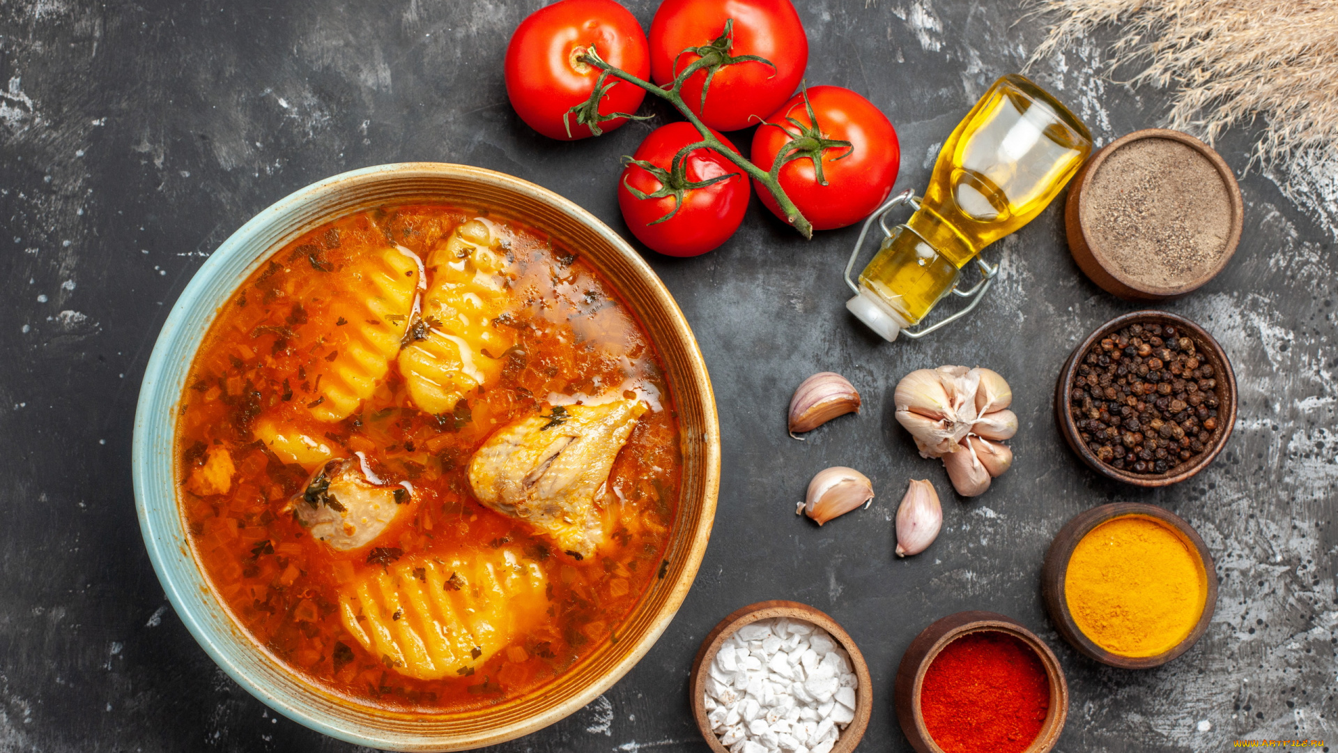 еда, первые, блюда, помидоры, масло, чеснок, суп, специи