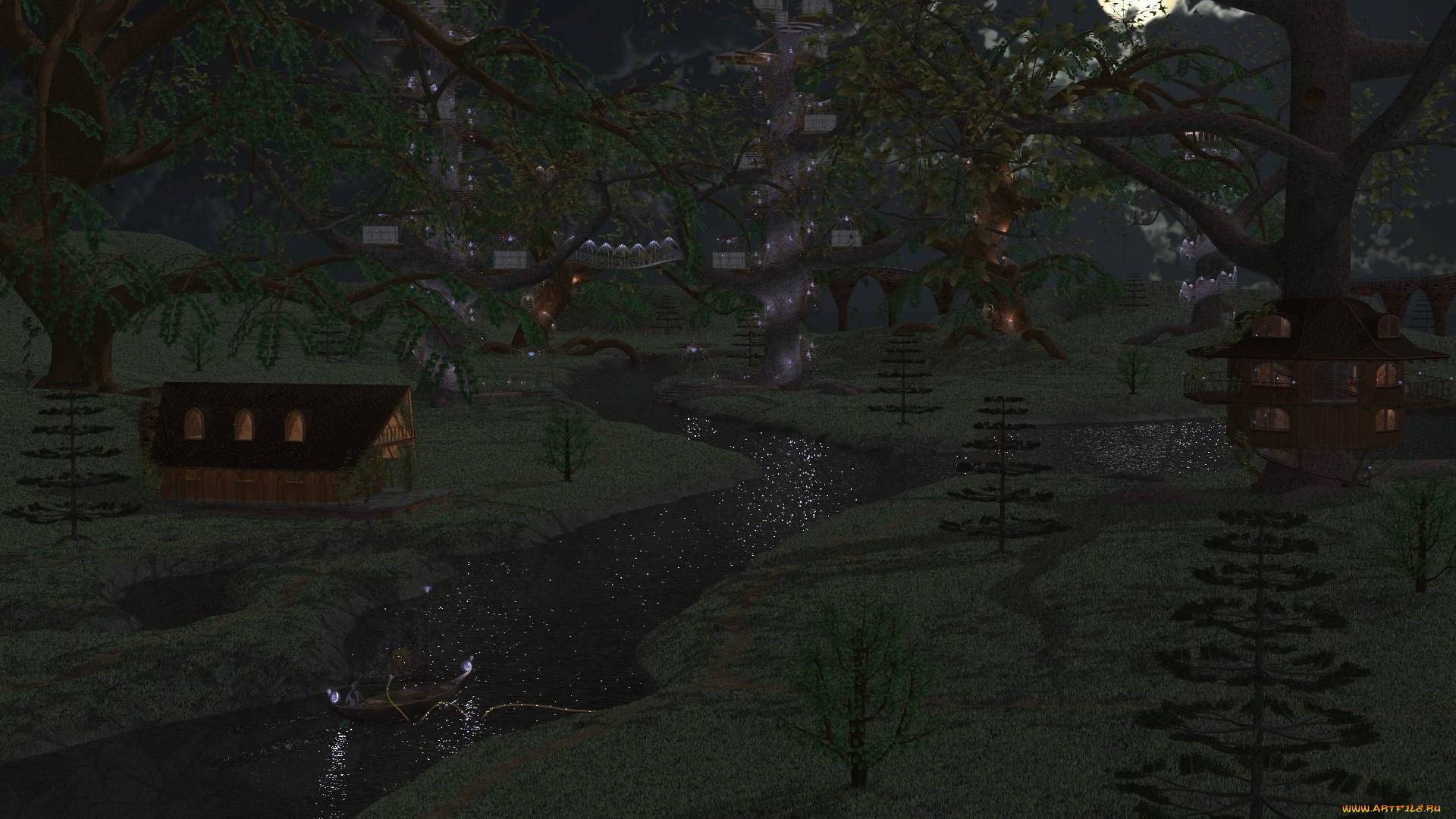 3д, графика, nature, landscape, природа, река, тёмный, дом, лодка