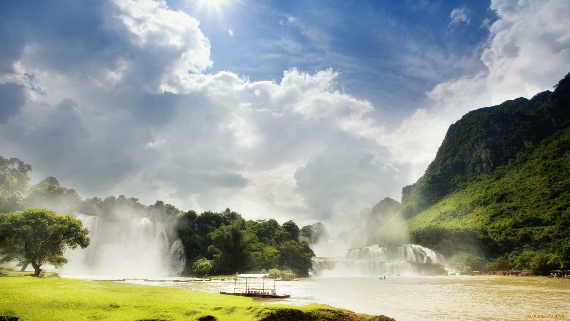 природа, пейзажи, река, водопады, горы, облака