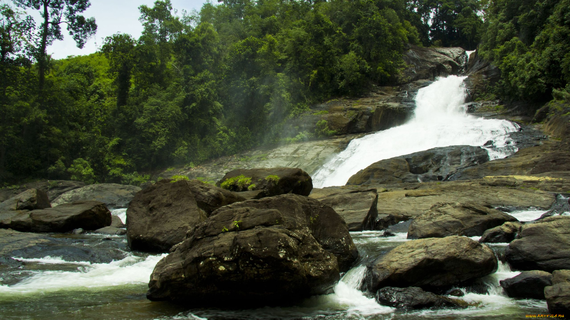 природа, водопады, деревья, река, камни