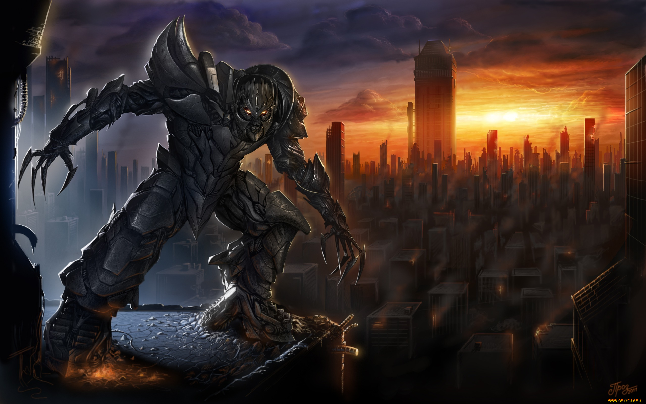 фэнтези, существа, робот, город