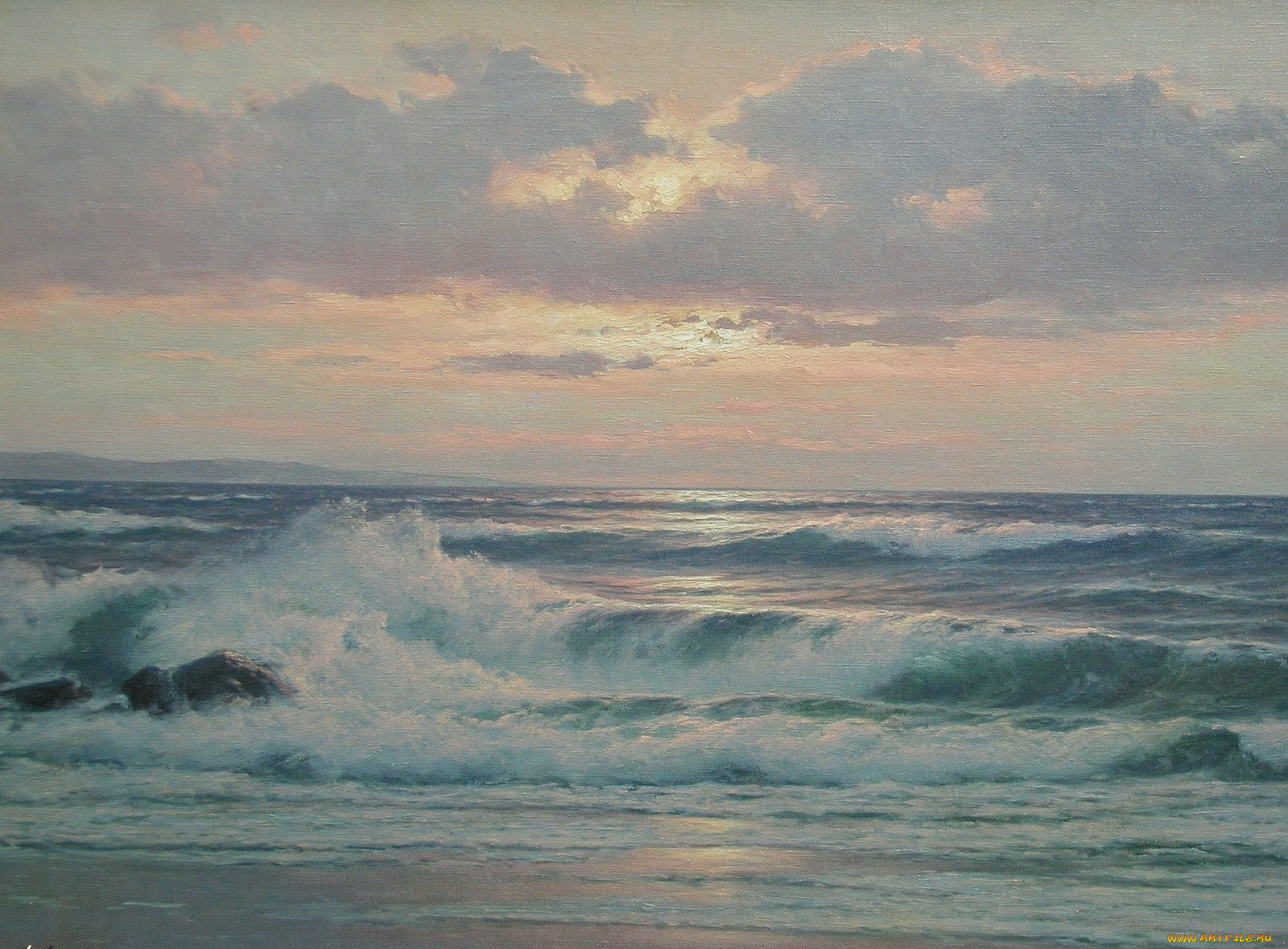 рисованные, carl, kenzler, морской, закат, прибой