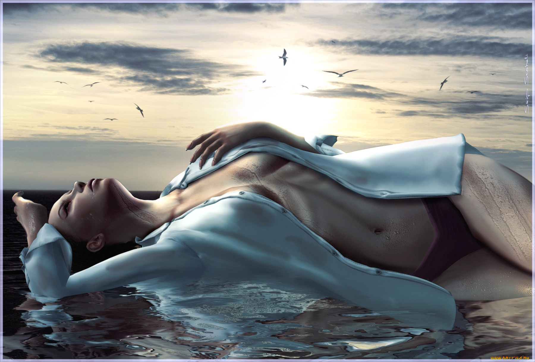 3д, графика, people, люди, девушка, море, вода, рубашка, тело