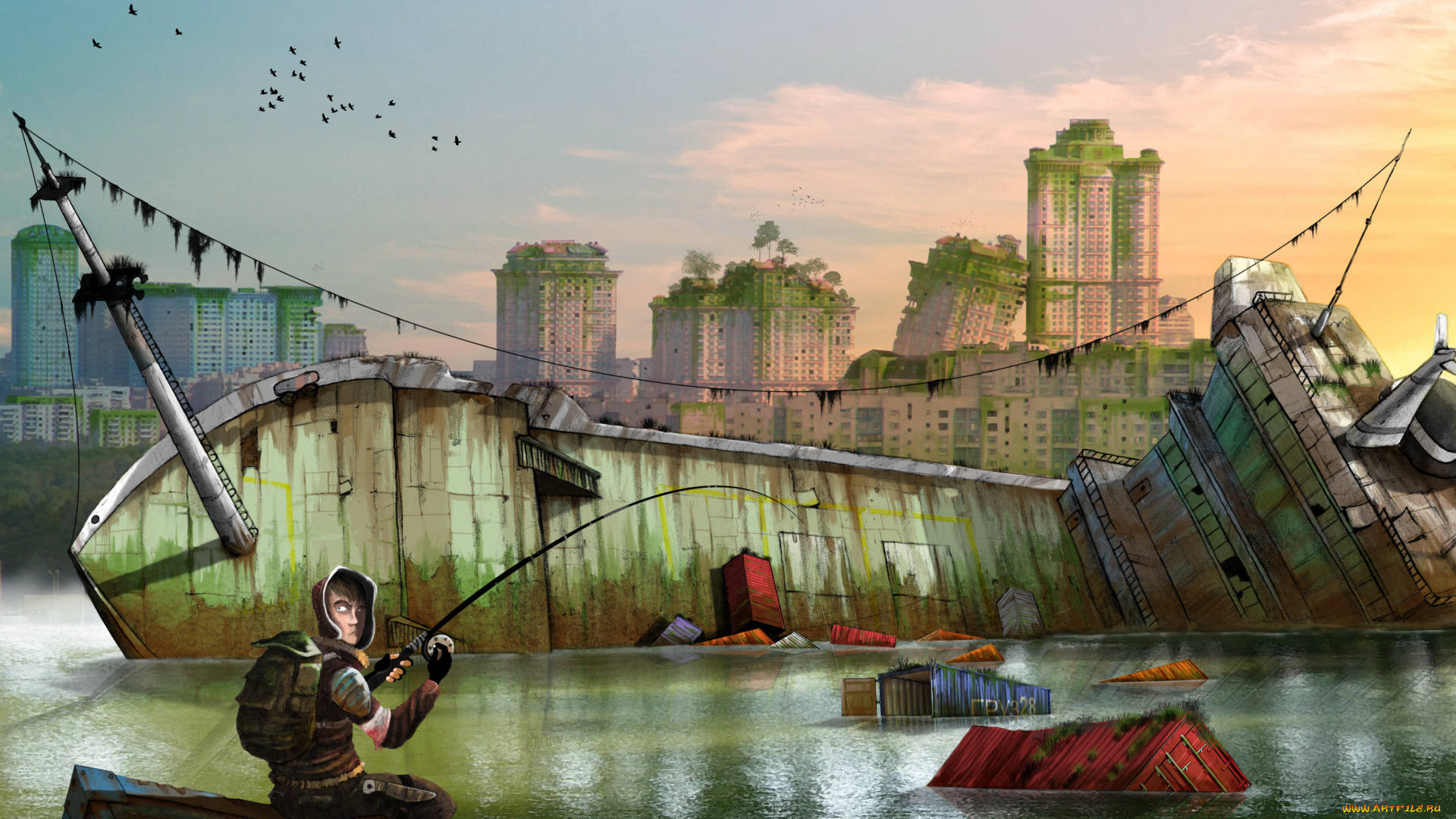 фэнтези, люди, корабль, рыбак