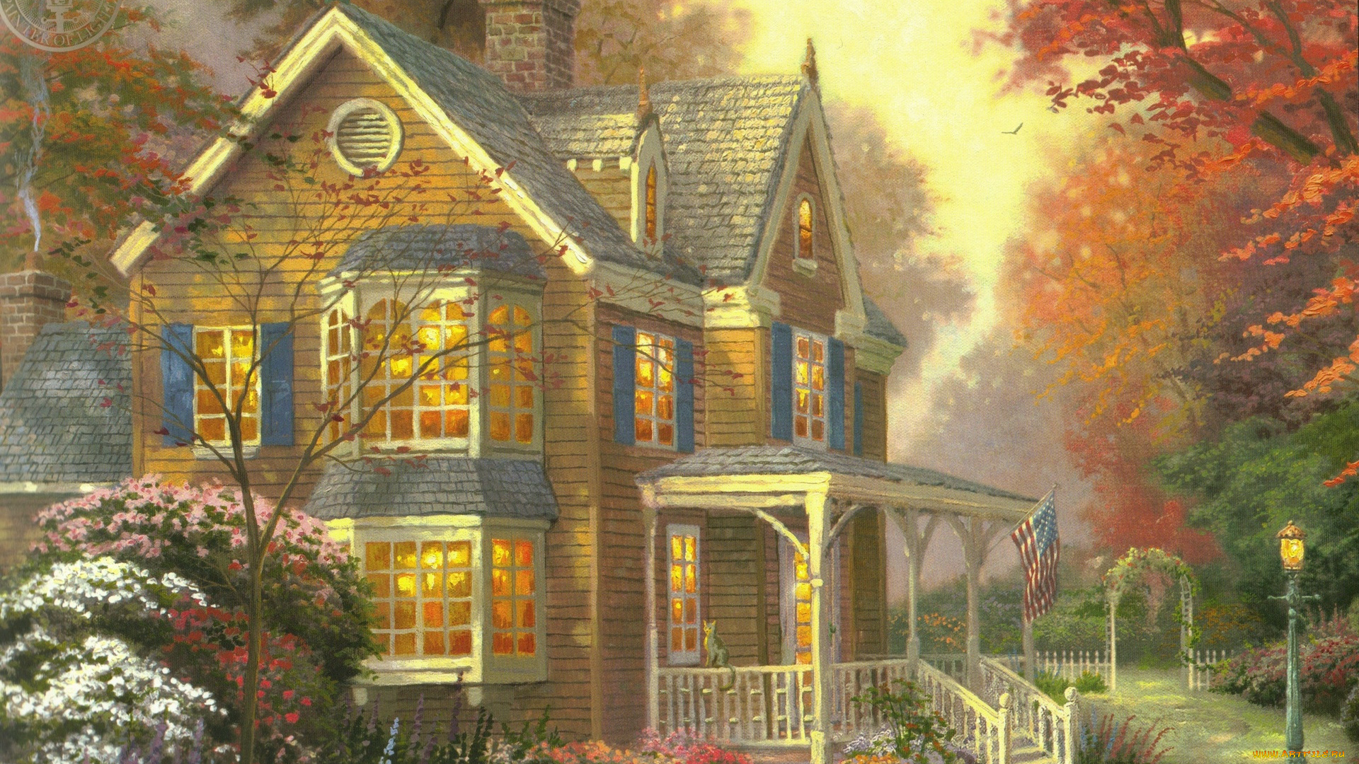 victorian, auntumn, рисованные, thomas, kinkade, фонарь, тыква, осень, коттедж