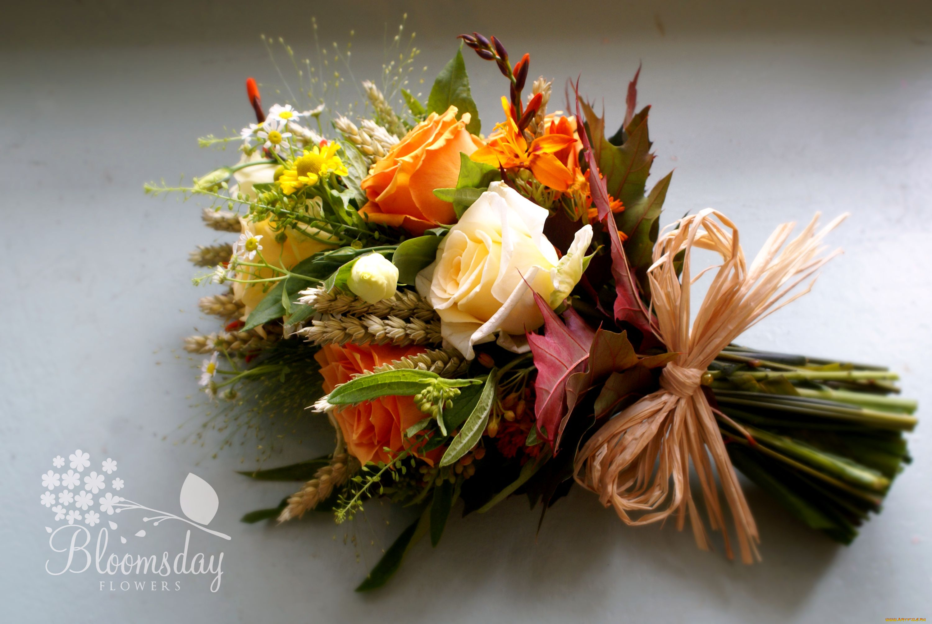 цветы, букеты, композиции, розы, пшеница, ромашки, бант