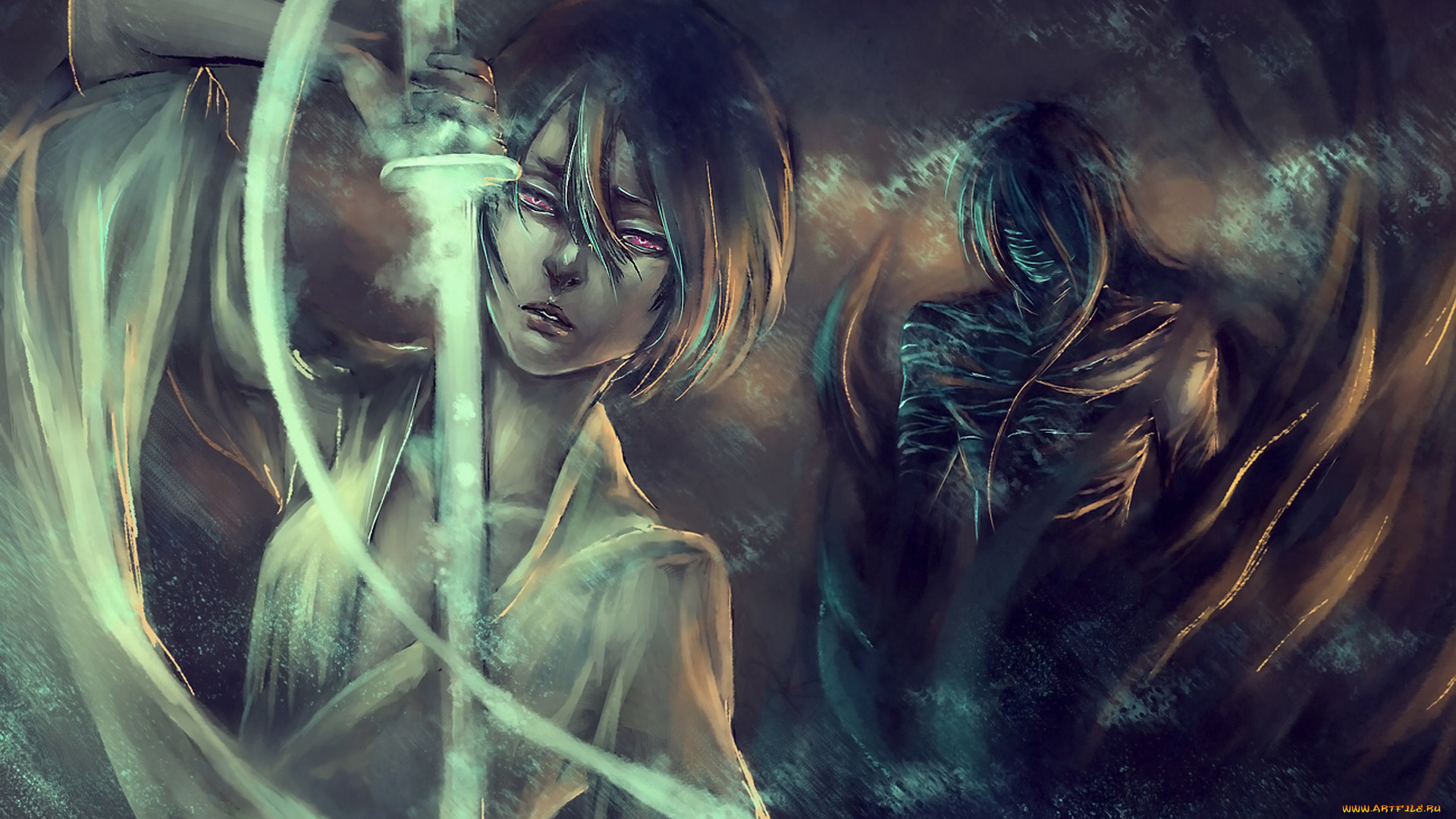 аниме, bleach, рукия, меч, парень, девушка