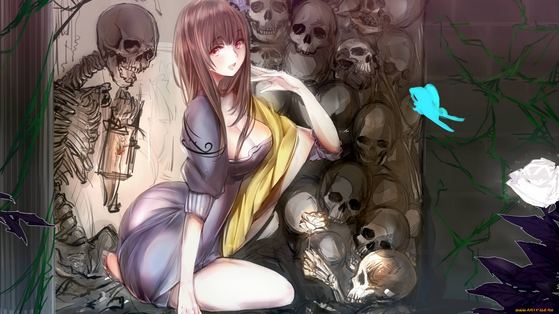 аниме, *unknown, другое, бабочка, скелет, девушка, фонарь