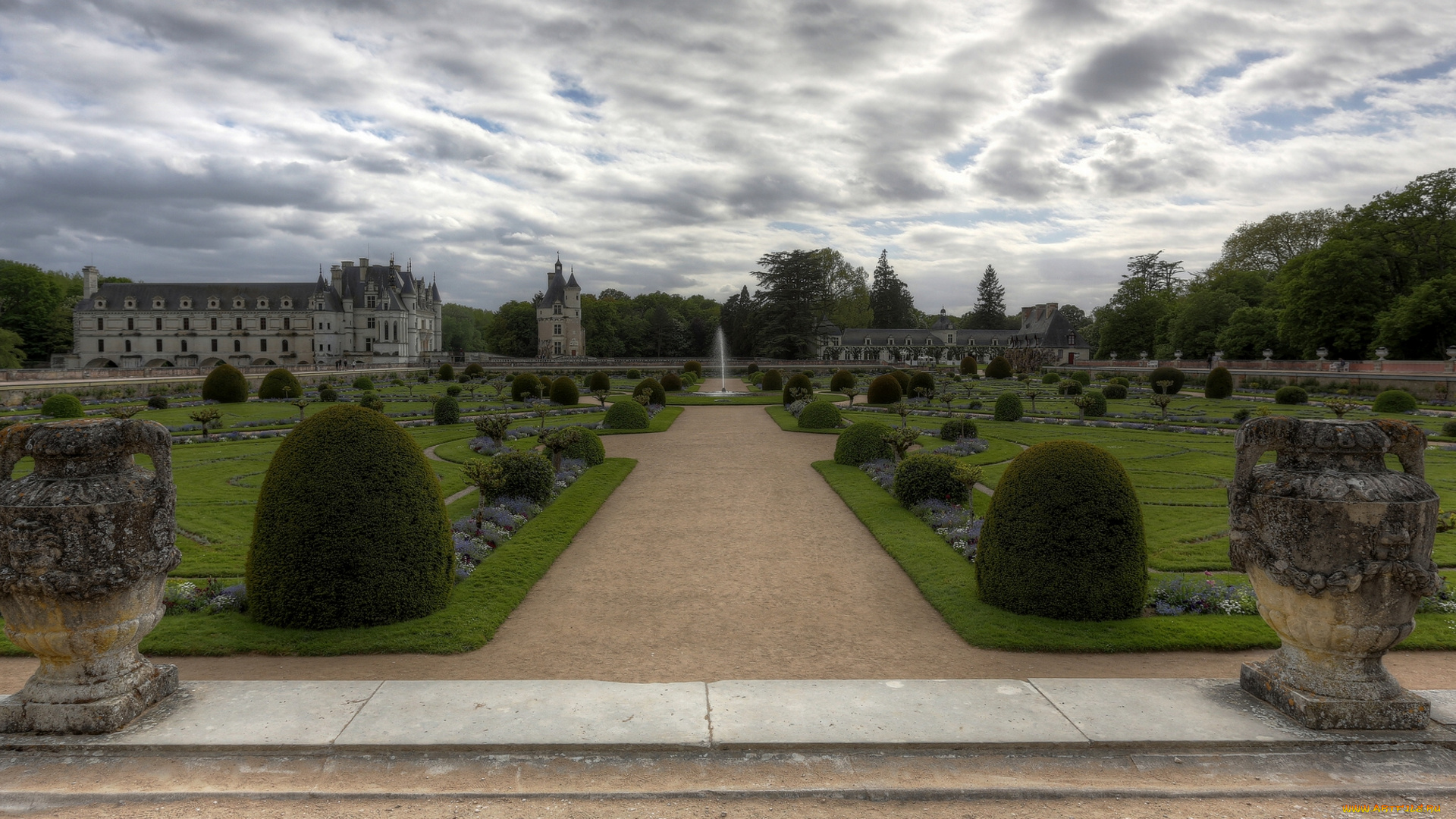 chateau, de, chenonceau, france, города, замки, луары, франция, замок, шенонсо, парк, панорама, кусты, фонтан
