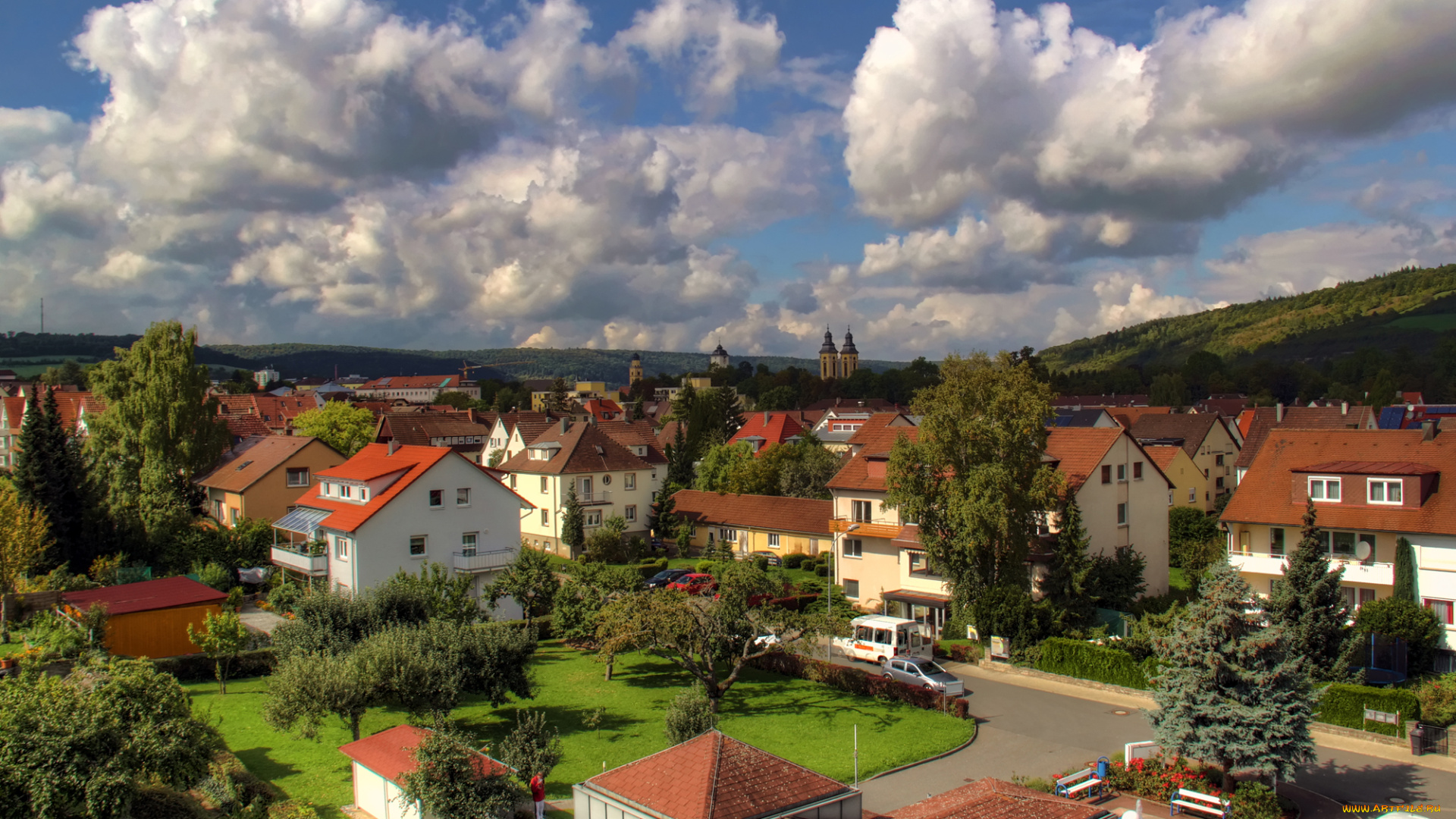 германия, бад, мергентхайм, города, панорамы, дома, улица, машина, автобус, газон, трава
