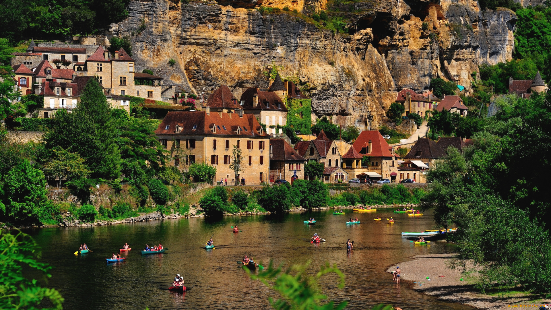 рокамадур, франция, города, пейзажи, вода, лодки, дома, горы