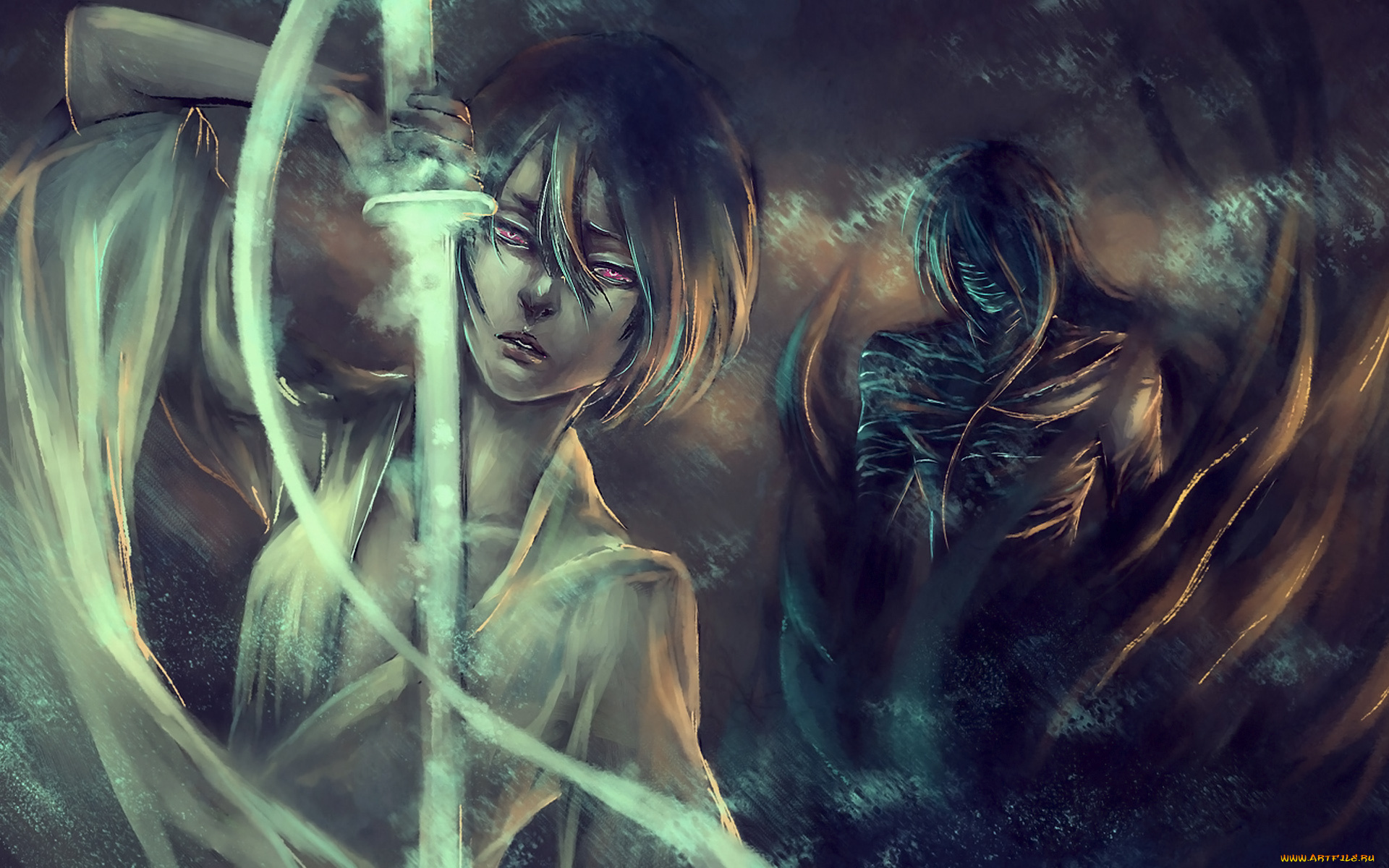 аниме, bleach, рукия, меч, парень, девушка