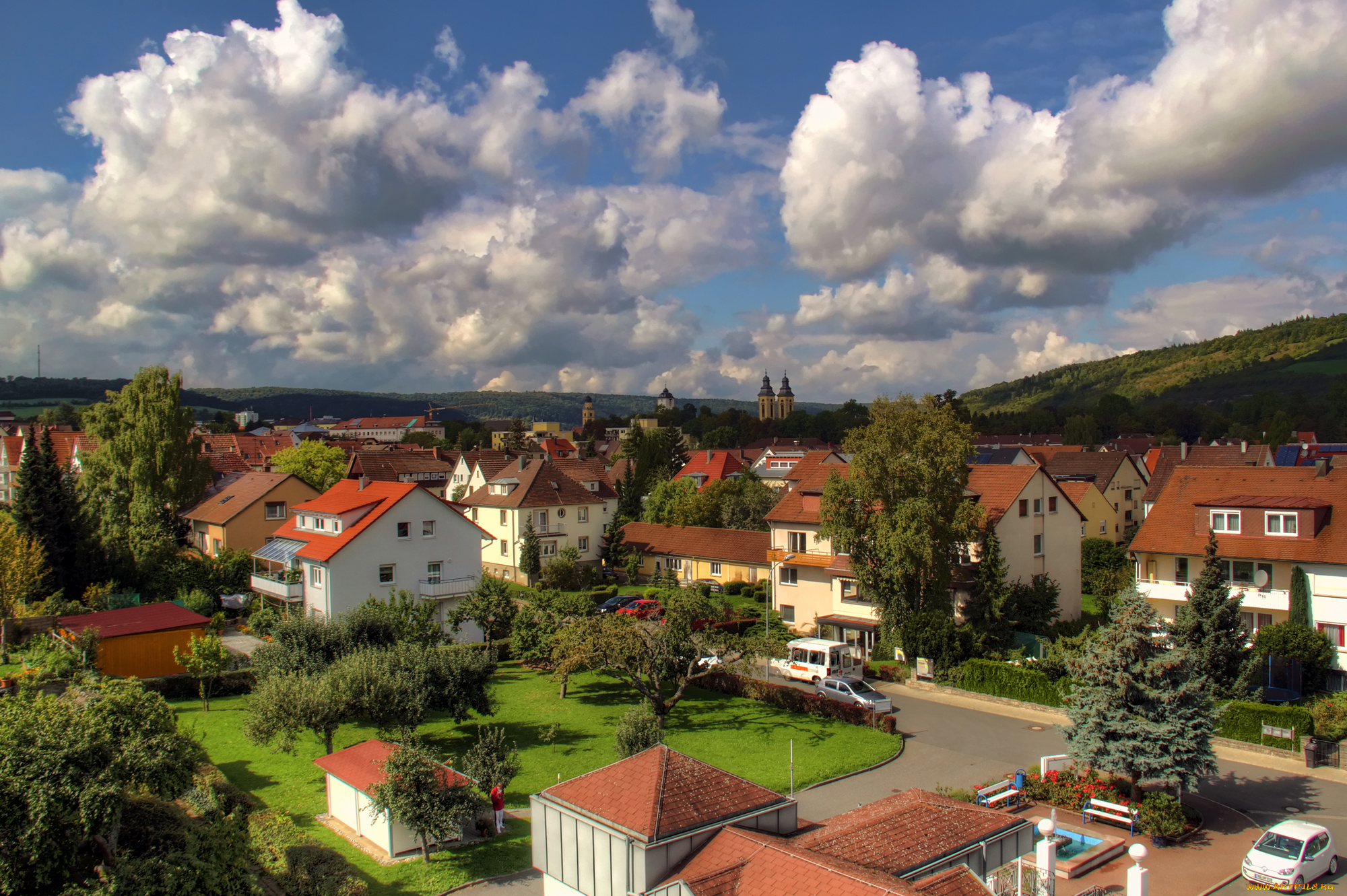 германия, бад, мергентхайм, города, панорамы, дома, улица, машина, автобус, газон, трава