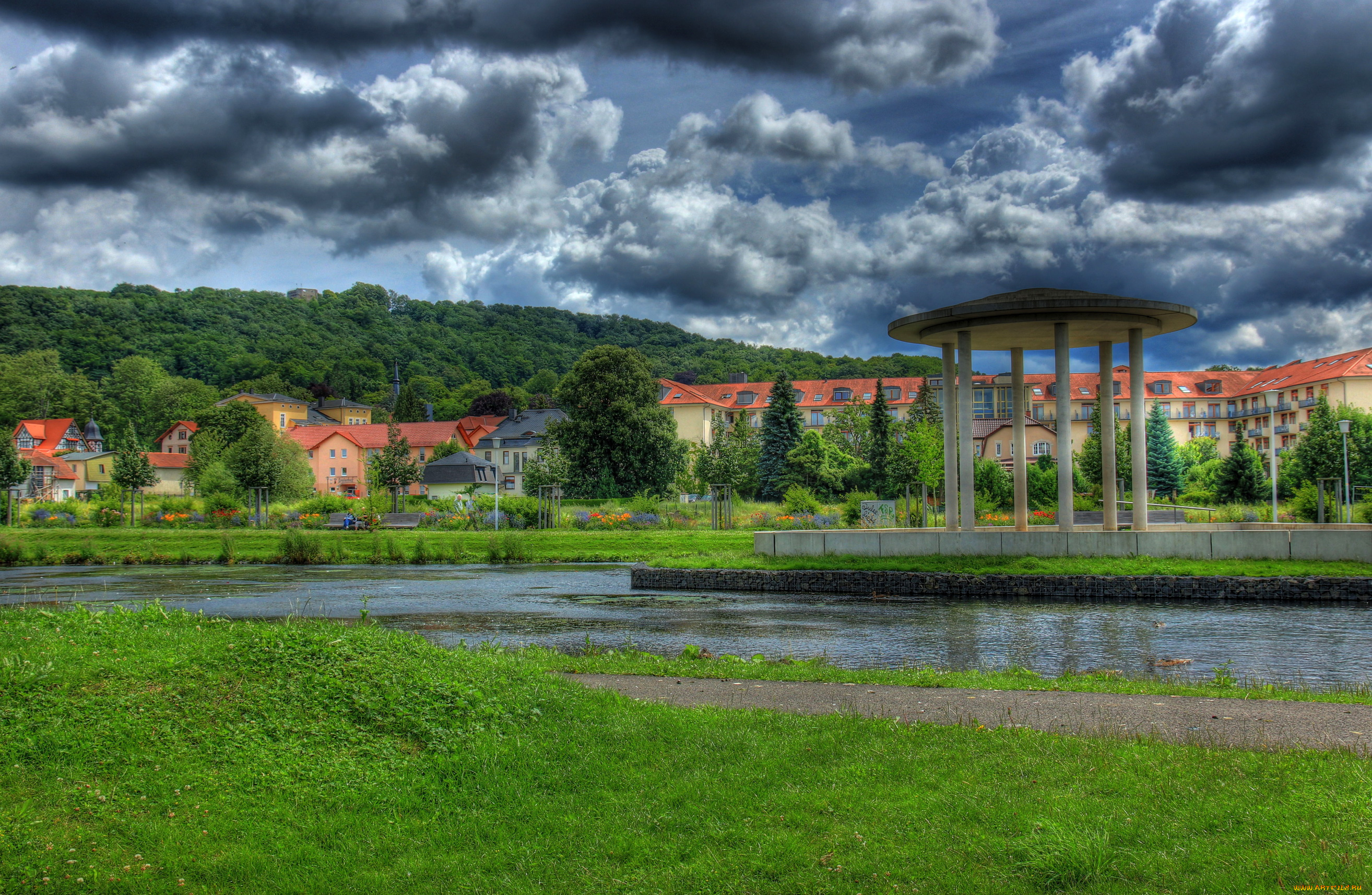 германия, бад, либенштайн, города, пейзажи, дома, река, деревья, пейзаж