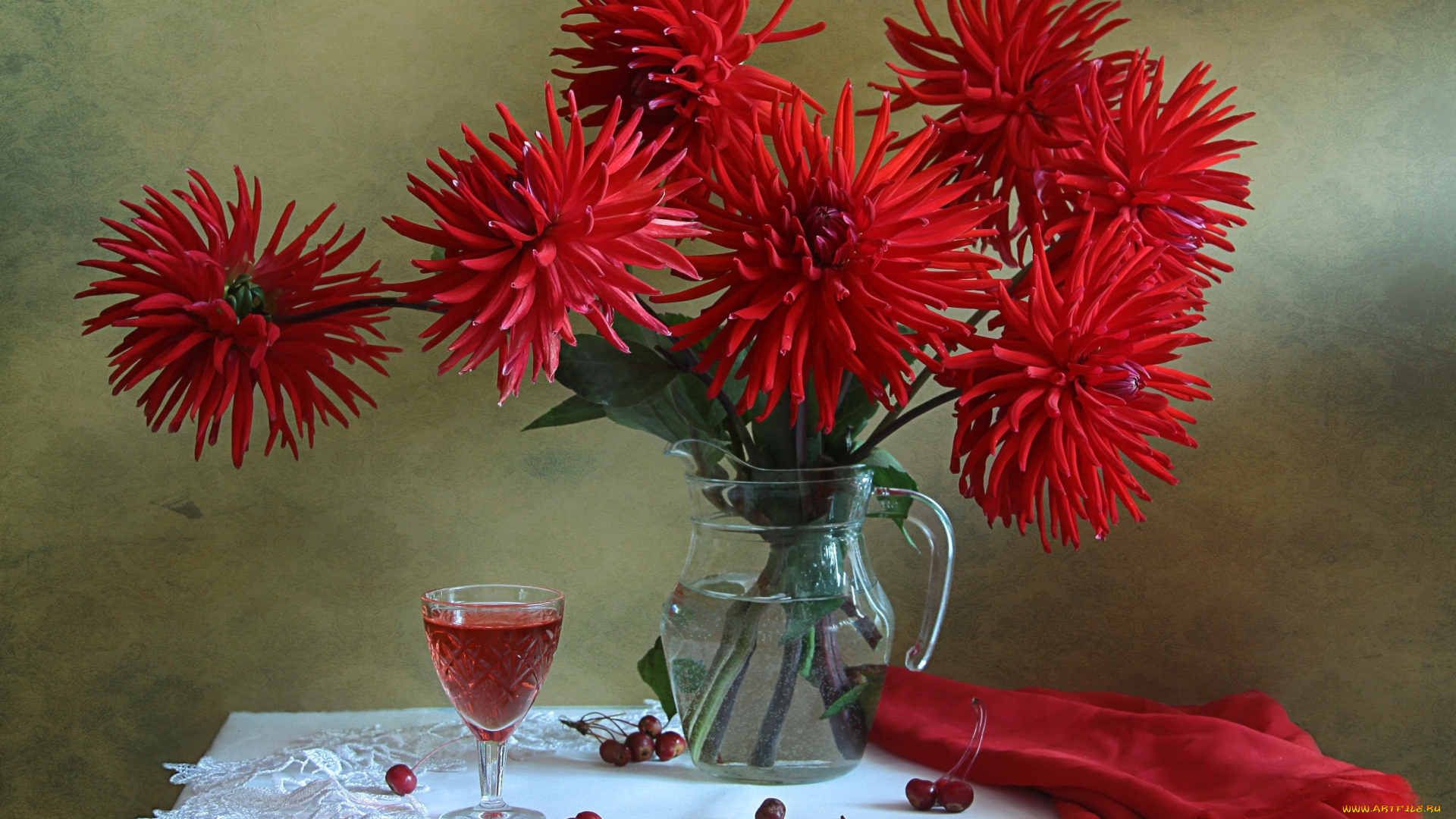 цветы, георгины, бокал, вишня