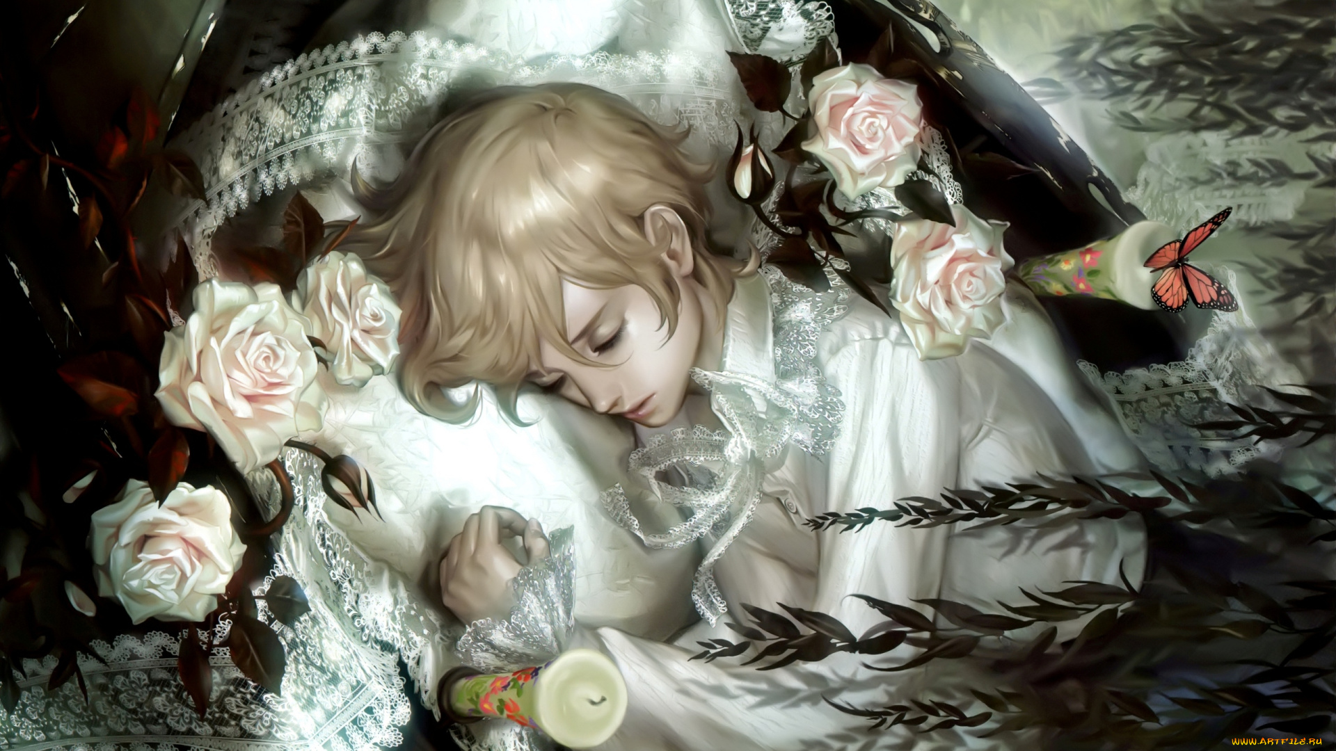 фэнтези, люди, sleeping, boy, fantasy, свечи, розы, art, midori, foo, цветы, спящий, мальчик, pink, roses, flowers, butterfly, candles, fairytale, сказка, бабочки