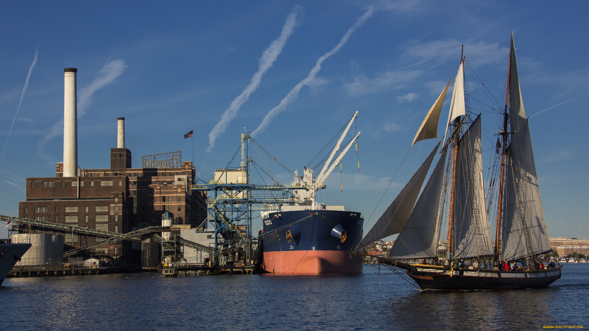 корабли, разные, вместе, парусник, сухогруз, порт