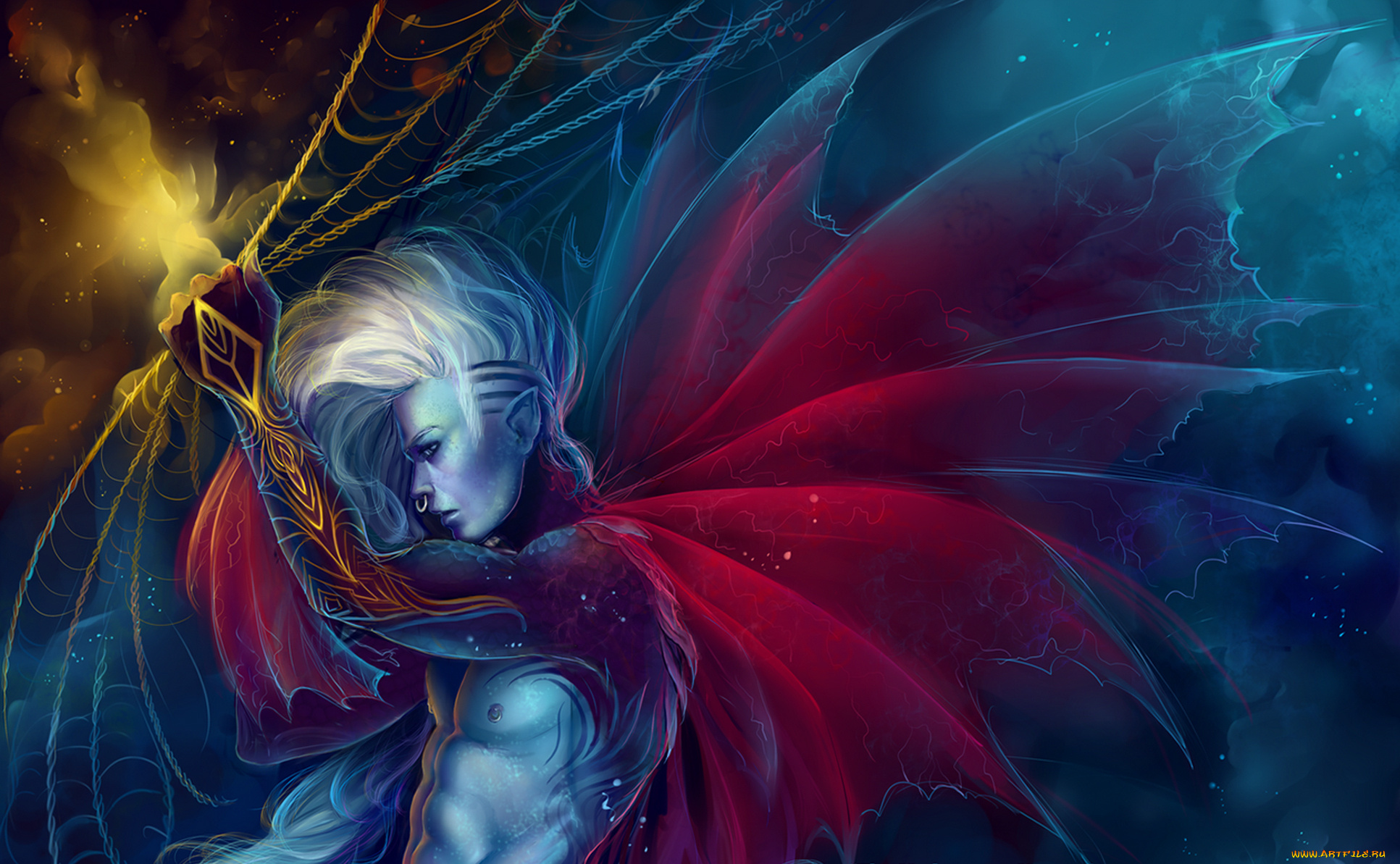 фэнтези, существа, красные, сеть, крылья, парень, водяной