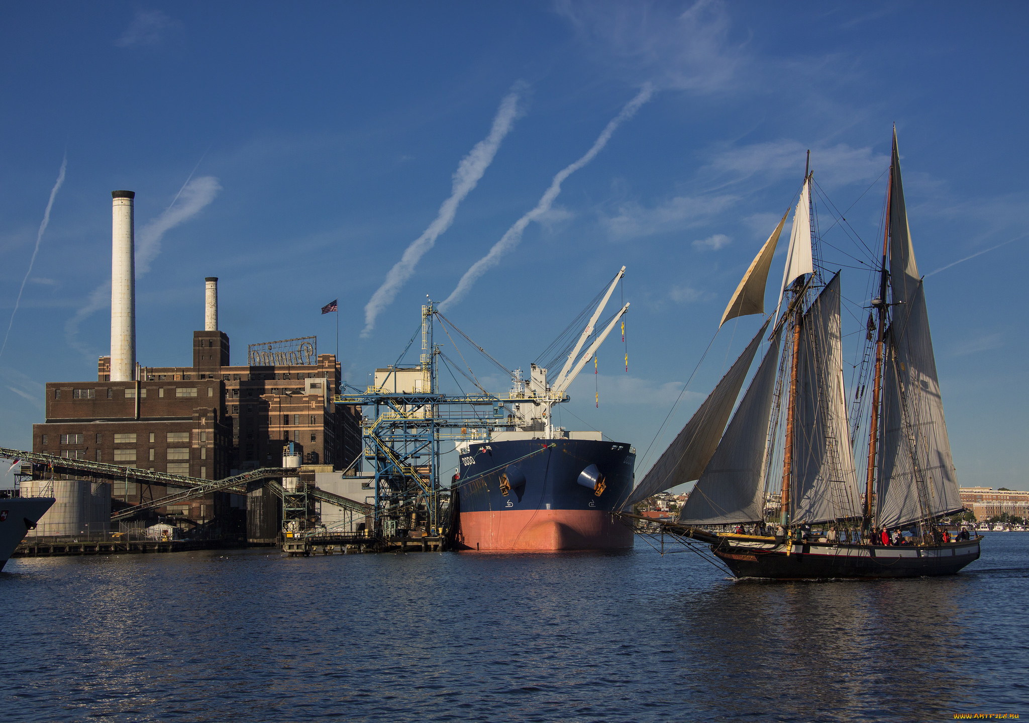 корабли, разные, вместе, парусник, сухогруз, порт