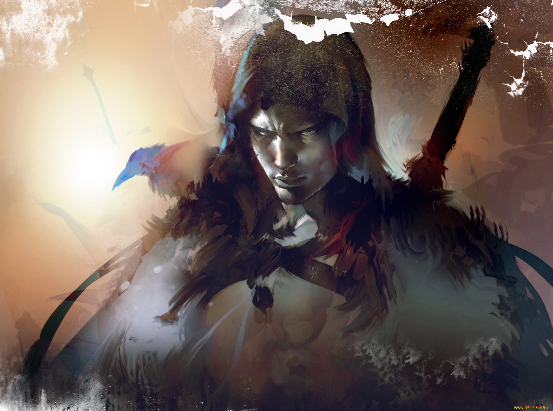 фэнтези, люди, капюшон, мужчина, рукоять, меч, арт, ворон