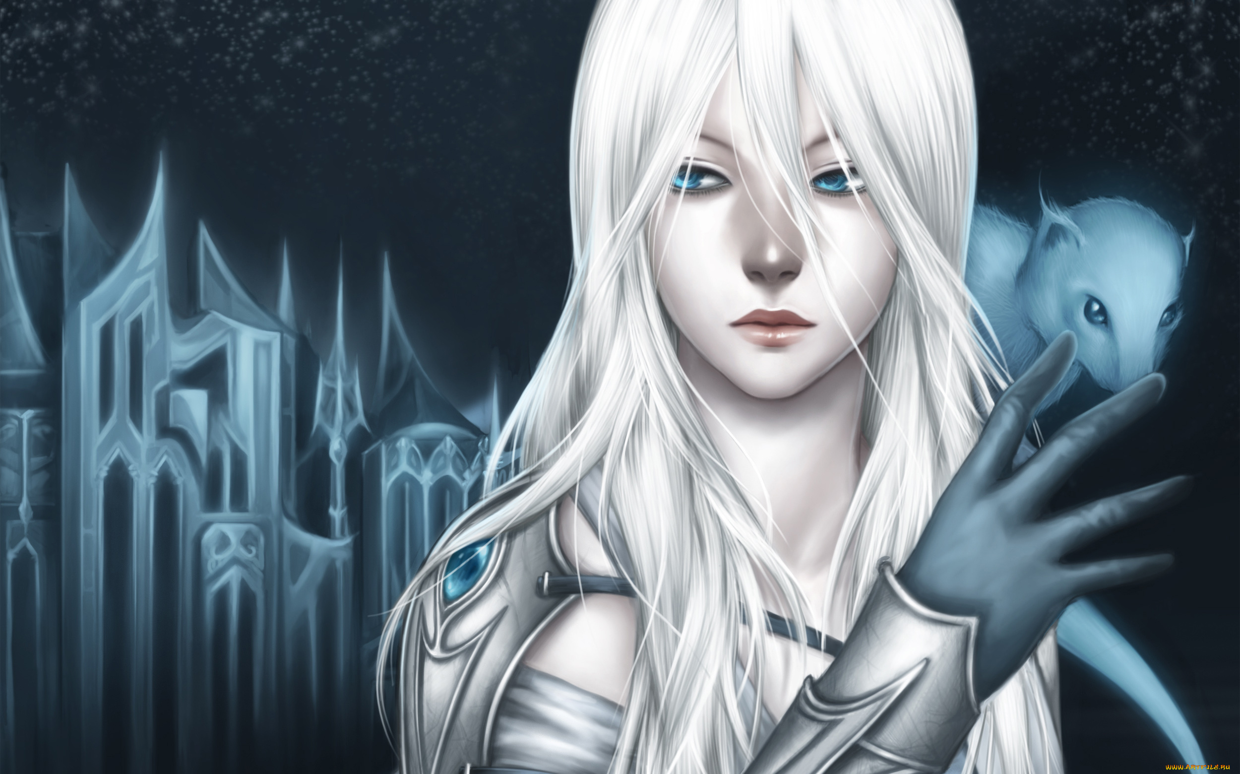 фэнтези, девушки, белые, волосы, ночь, звезды, замок, зверек, девушка