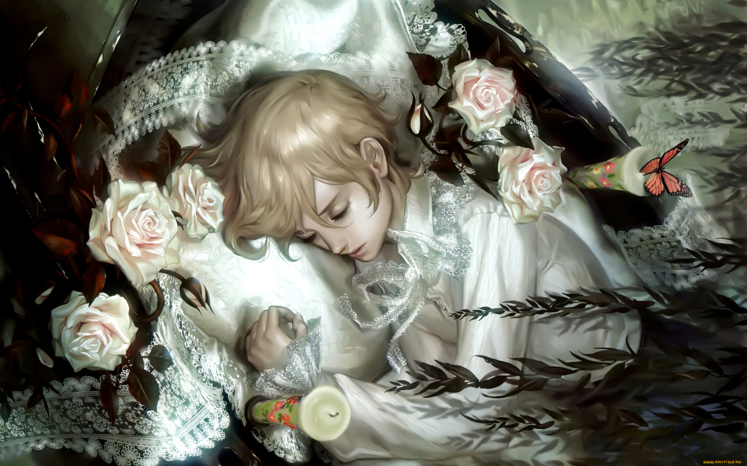 фэнтези, люди, sleeping, boy, fantasy, свечи, розы, art, midori, foo, цветы, спящий, мальчик, pink, roses, flowers, butterfly, candles, fairytale, сказка, бабочки
