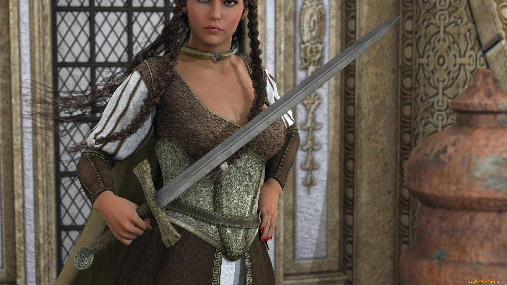 3д, графика, амазонки, , amazon, взгляд, девушка, меч, фон