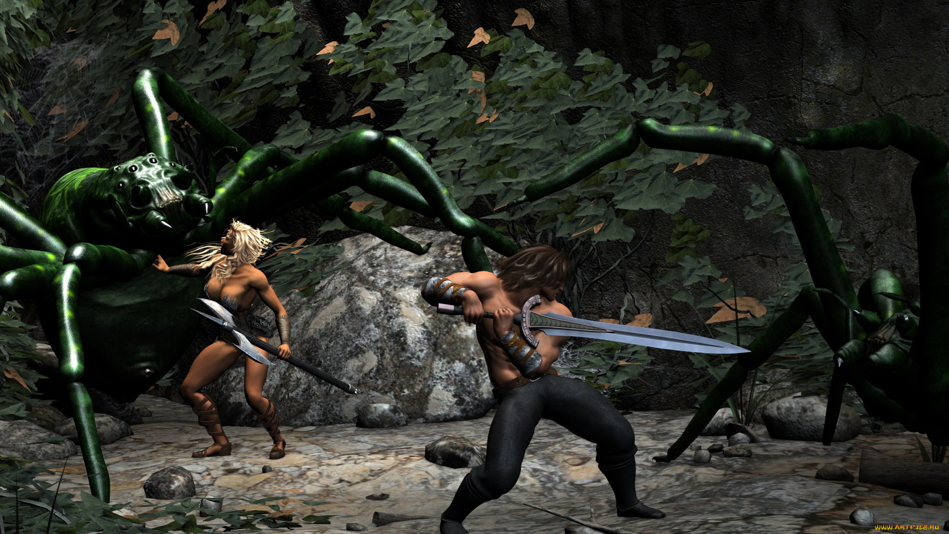 3д, графика, фантазия, , fantasy, девушка, паук, фон, оружие, мужчина, страх, взгляд