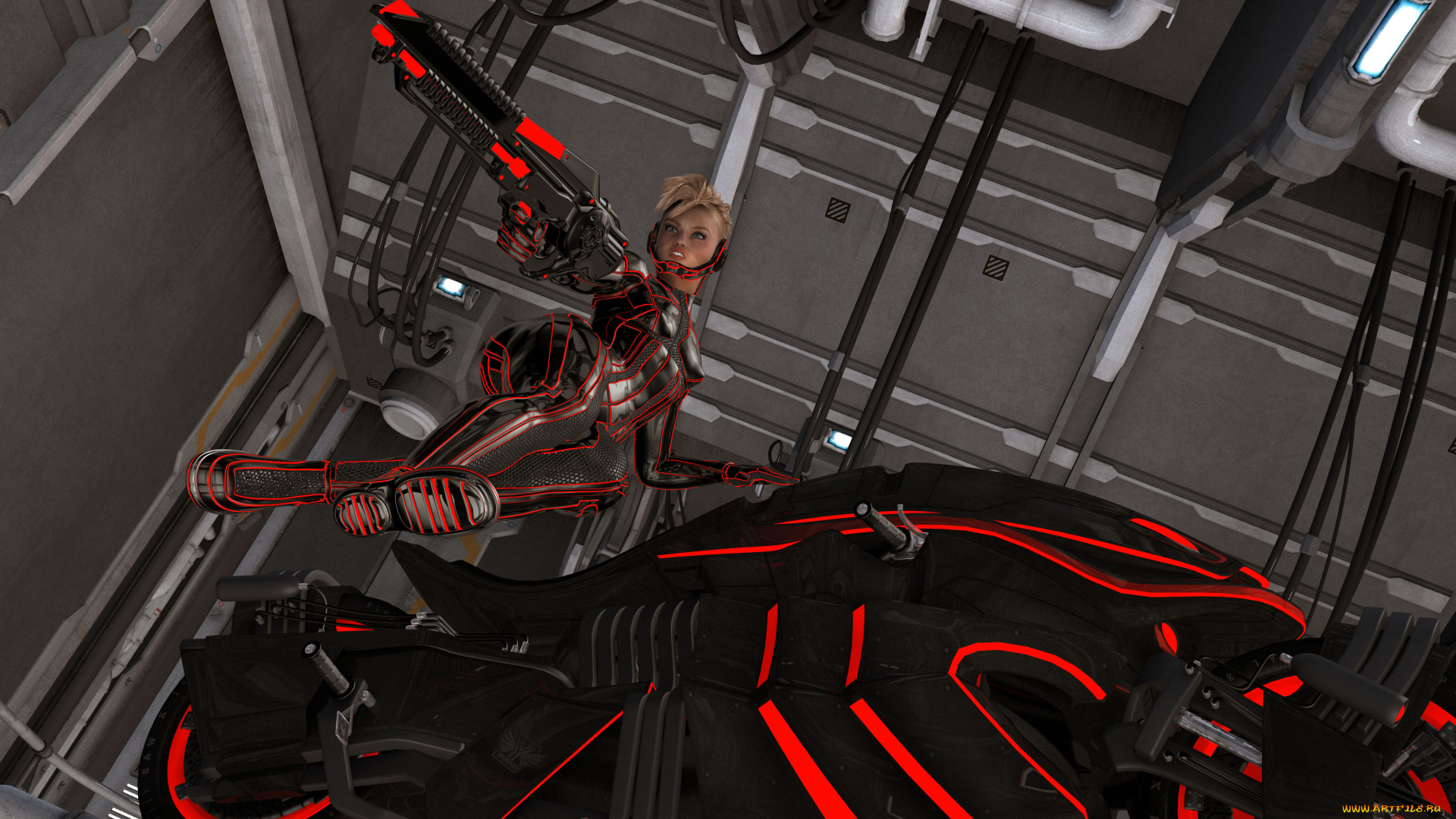 3д, графика, фантазия, , fantasy, взгляд, девушка, оружие, фон