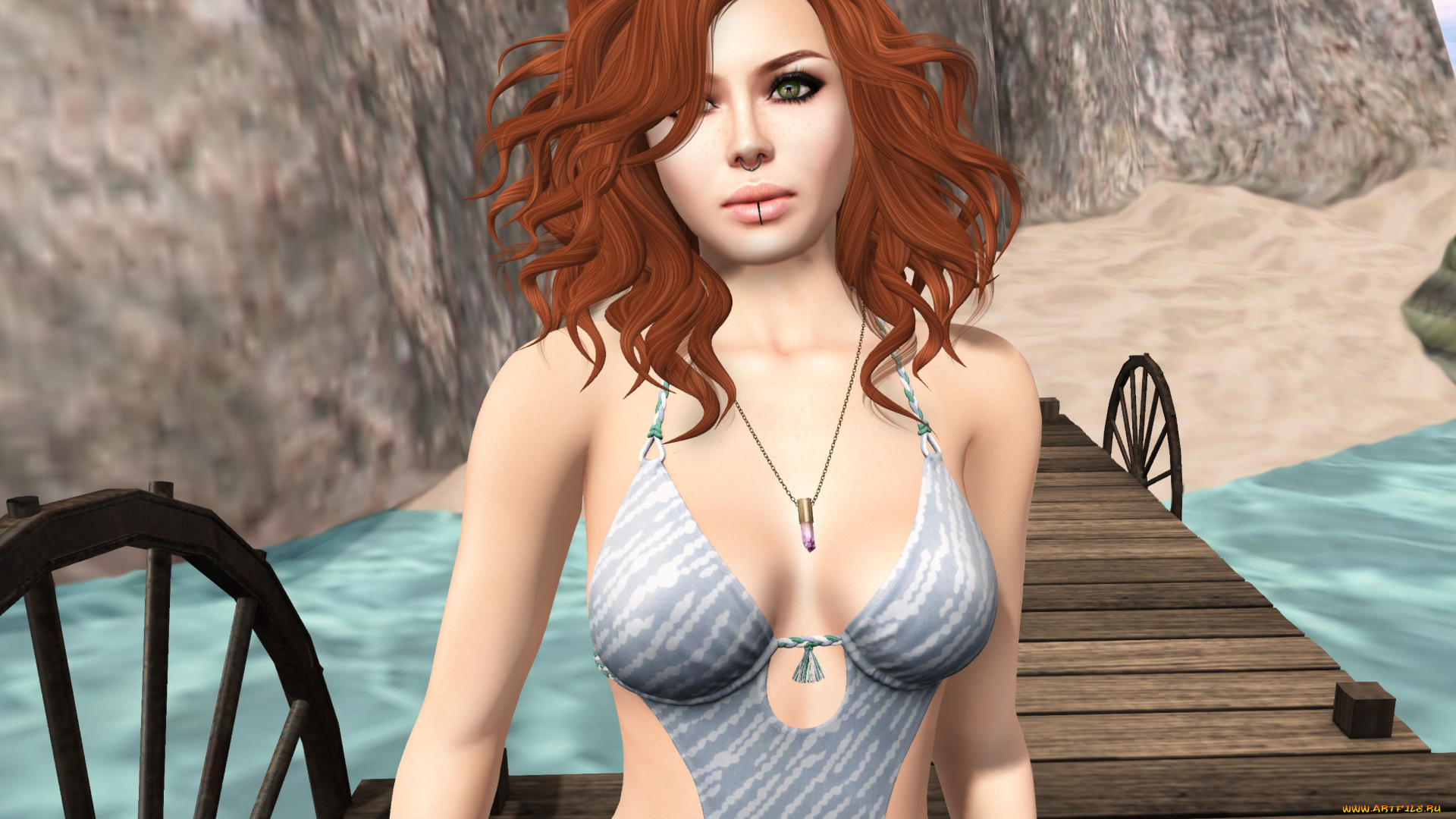 3д, графика, люди, , people, рыжая, фон, взгляд, девушка