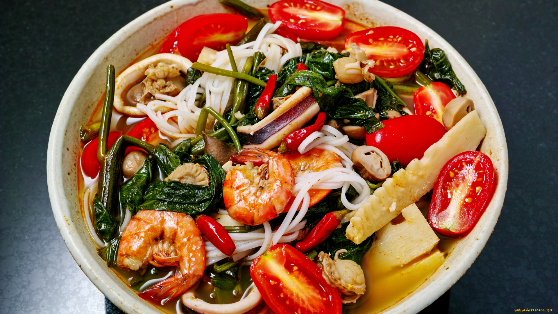 еда, макаронные, блюда, креветки, зелень, овощи, лапша