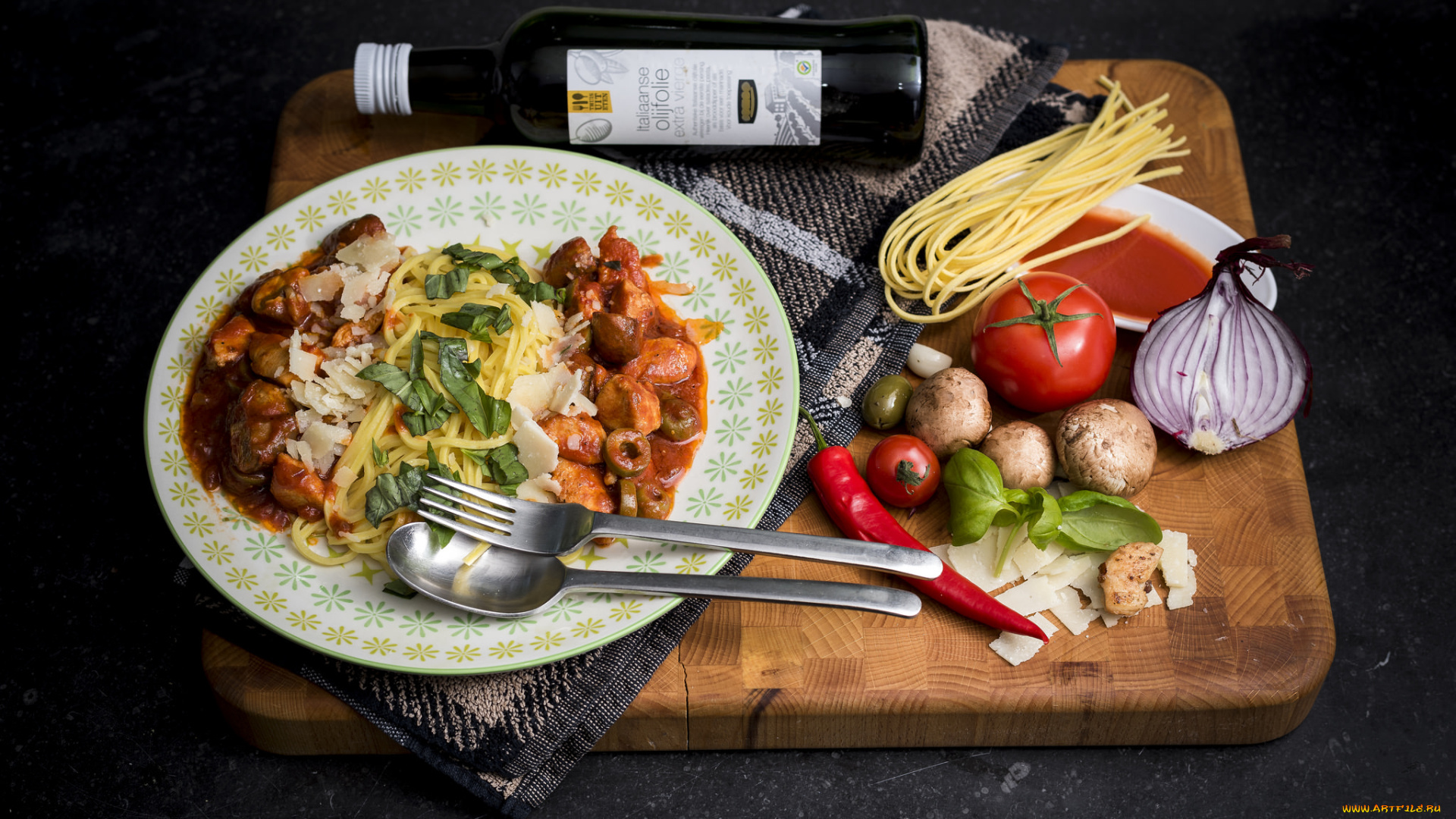 еда, макаронные, блюда, овощи, масло, соус, спагети