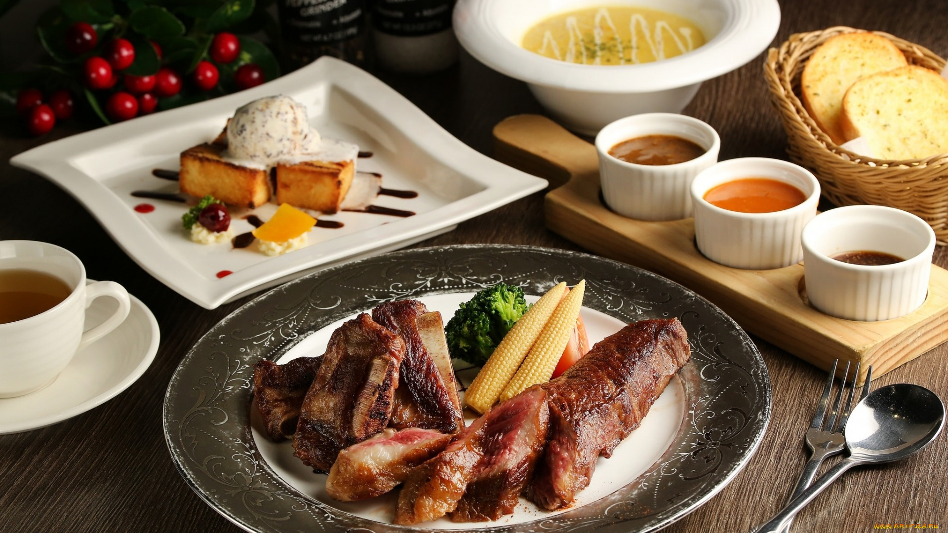 еда, мясные, блюда, блюда, десерт, соус, мясо, овощи, кукуруза, ассорти