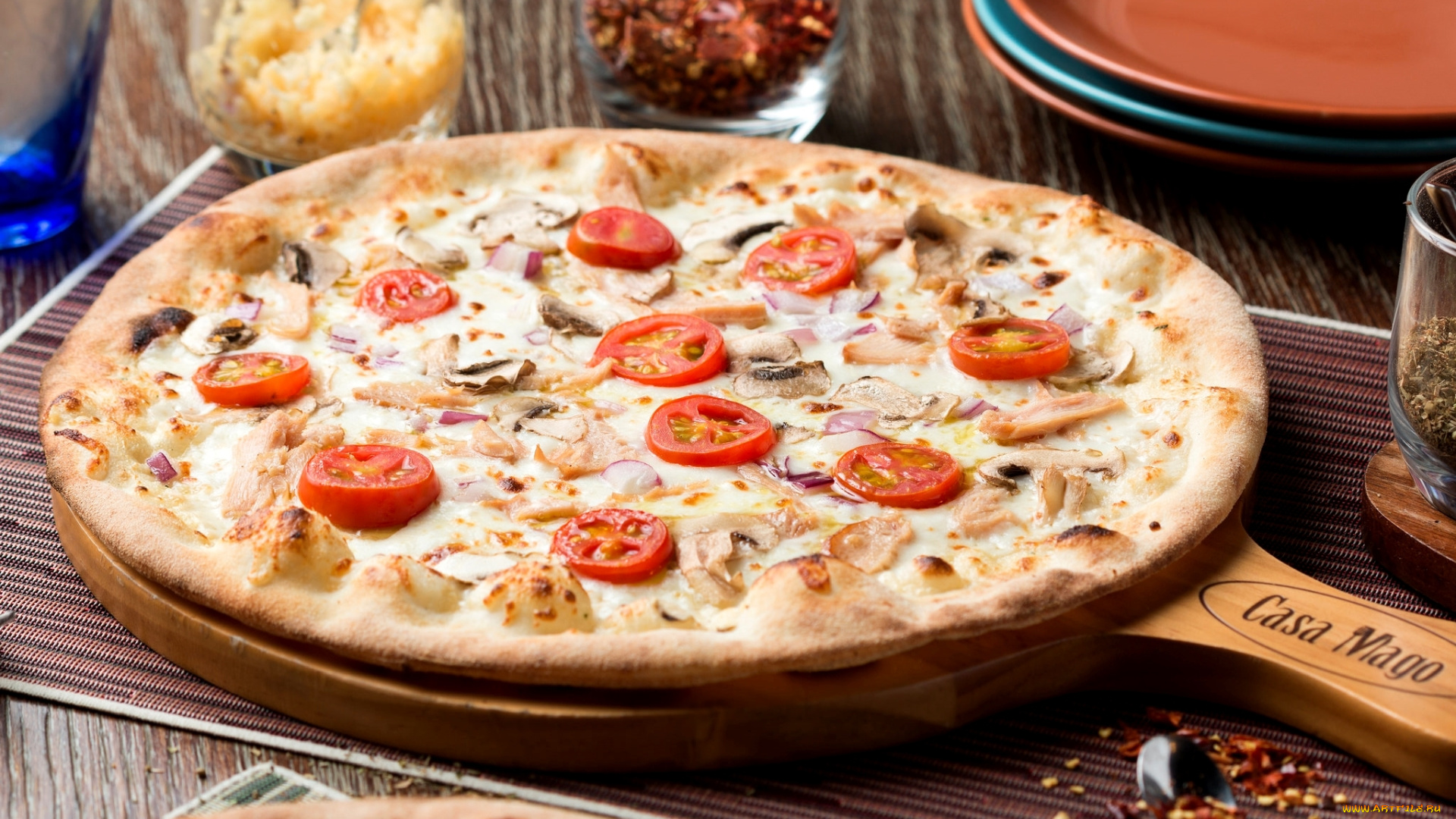 еда, пицца, сыр, помидоры, шампиньоны