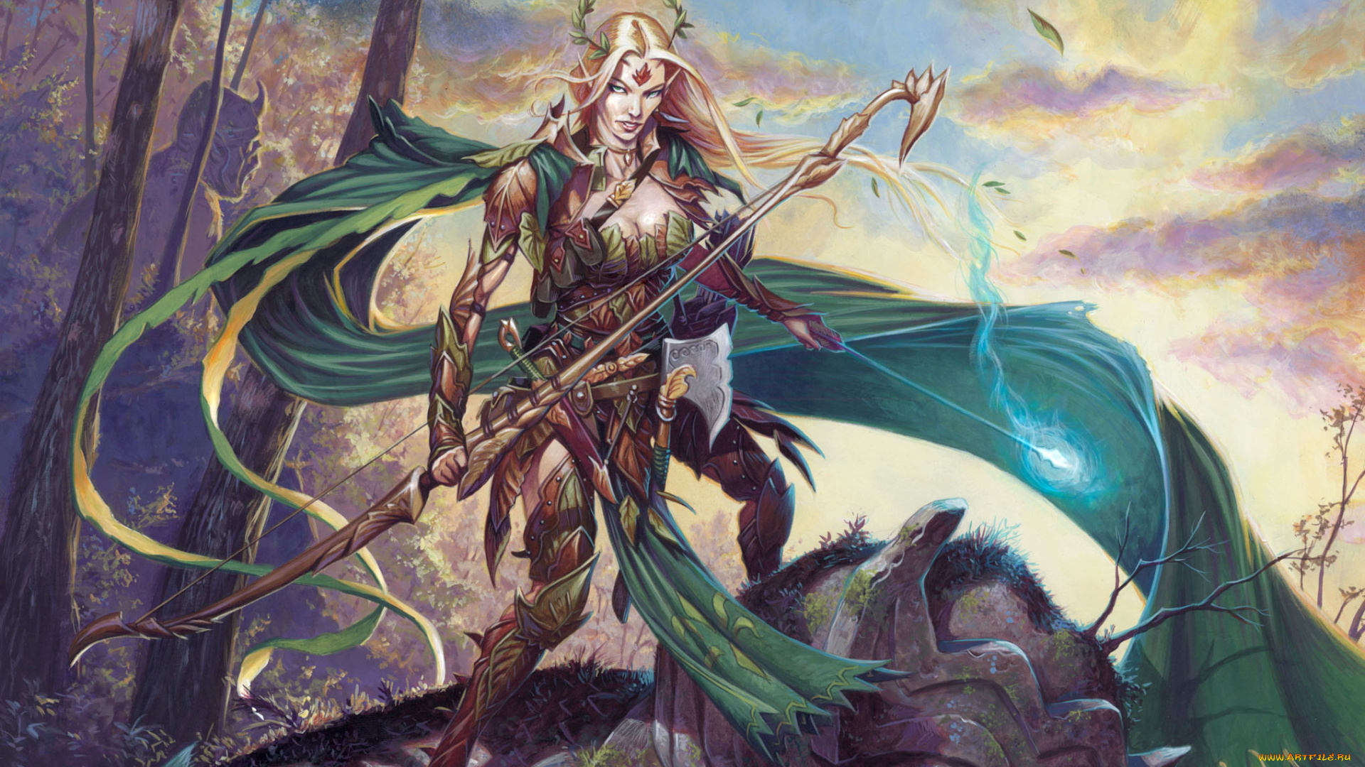 фэнтези, эльфы, лес, магия, оружие, доспехи, эльфийка, девушка