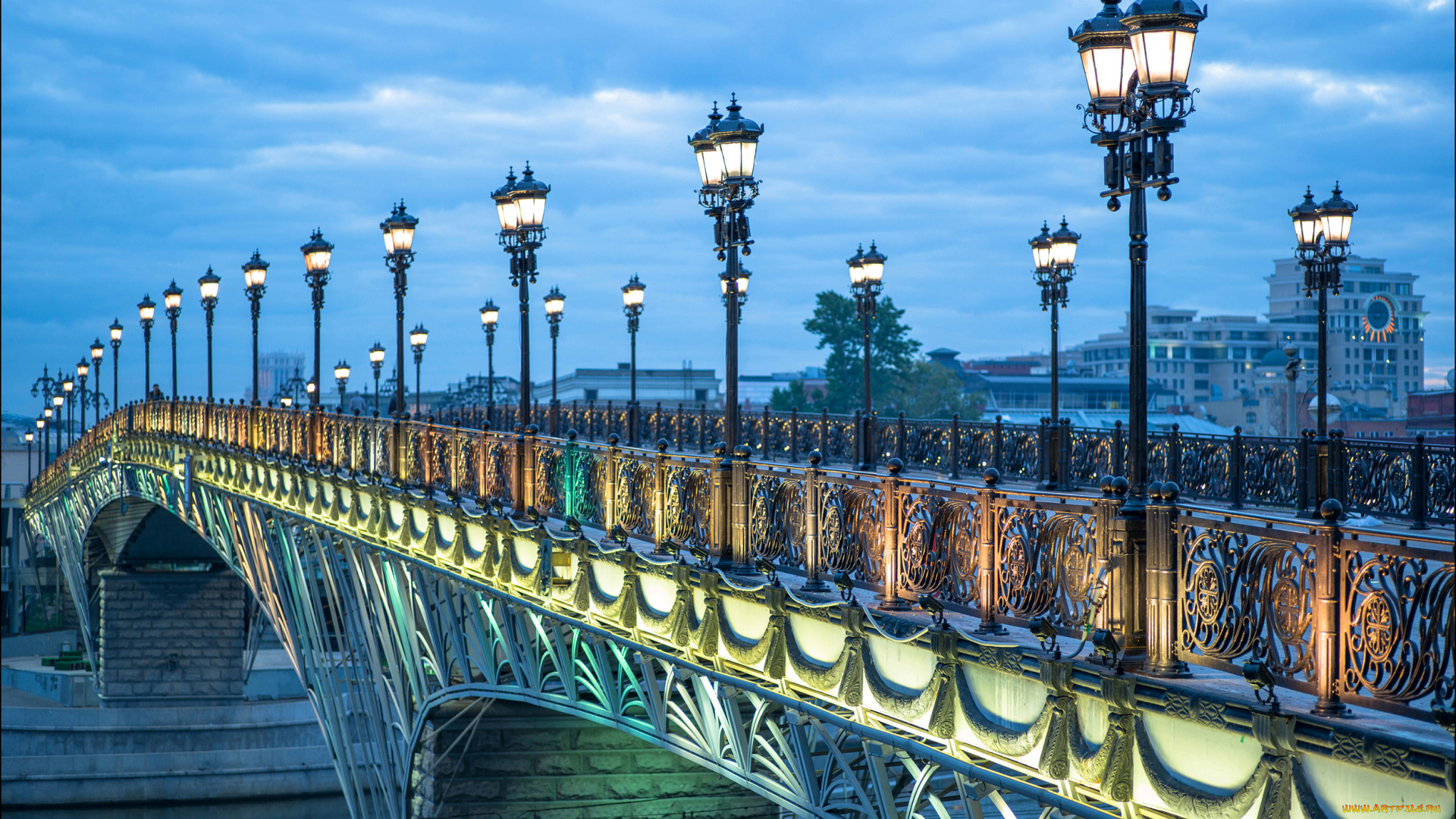 города, -, мосты, россия, река, мост, фонари, огни, вечер, патриарший, москва