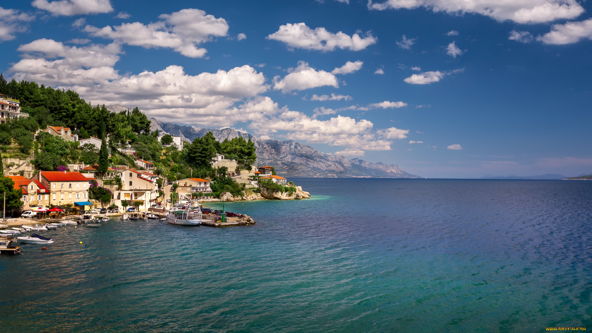города, -, пейзажи, побережье, облака, горы, море, деревня, хорватия, мимице, croatia, омишска, ривьера, omis, riviera, adriatic, sea, адриатическое, mimice, village