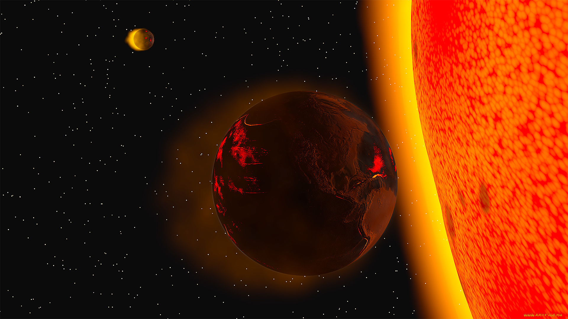 космос, арт, катастрофа, звезды, солнце, луна, земля
