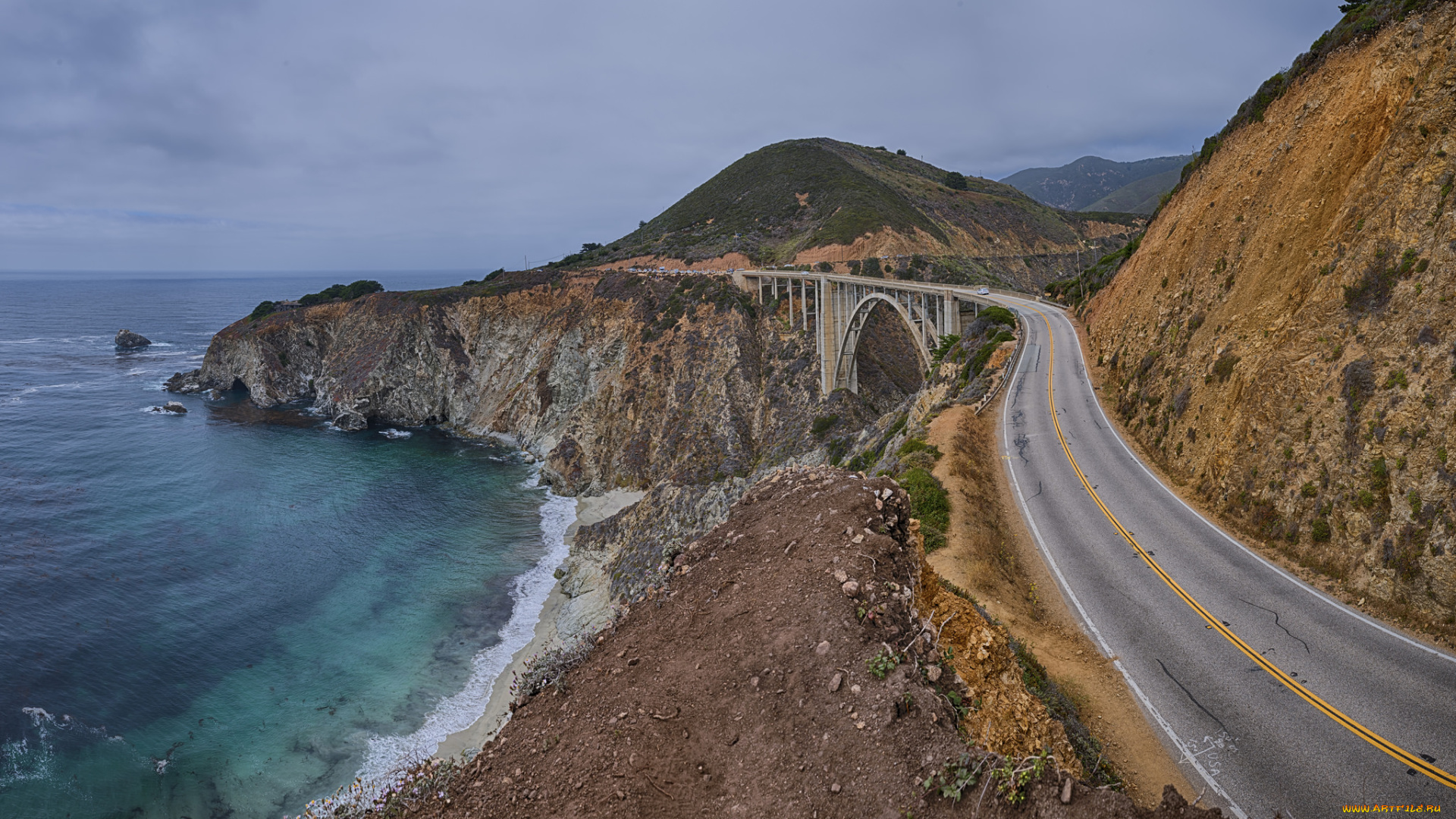 природа, дороги, трасса, море, скалы, мост