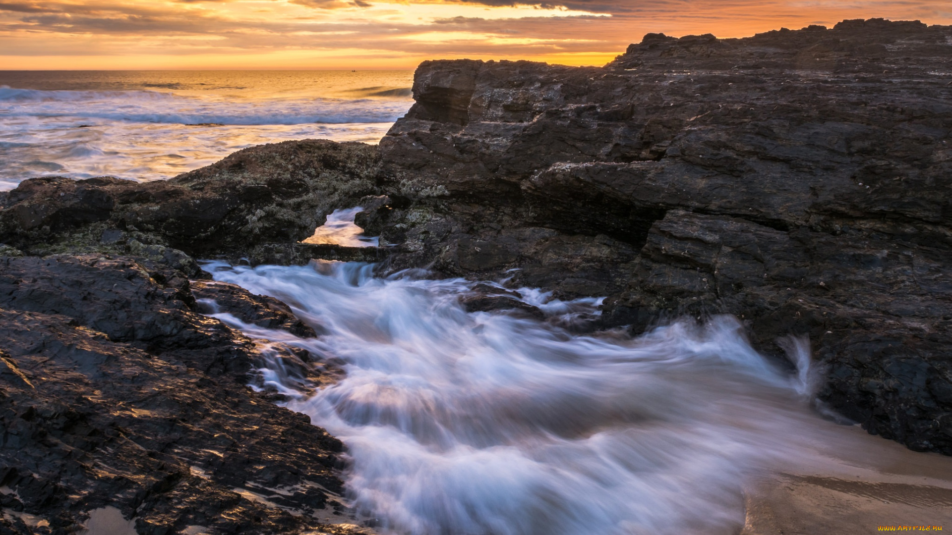 природа, побережье, океан, сумрак, тучи, скалы