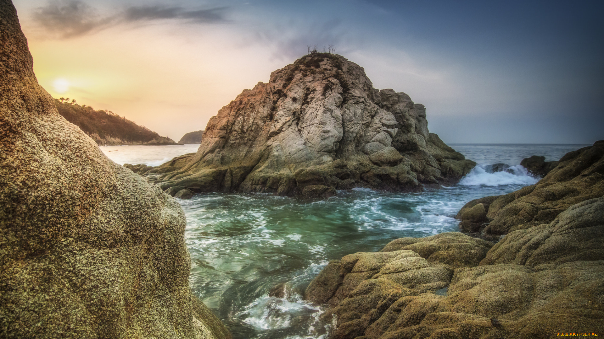 природа, побережье, рассвет, скалы, океан