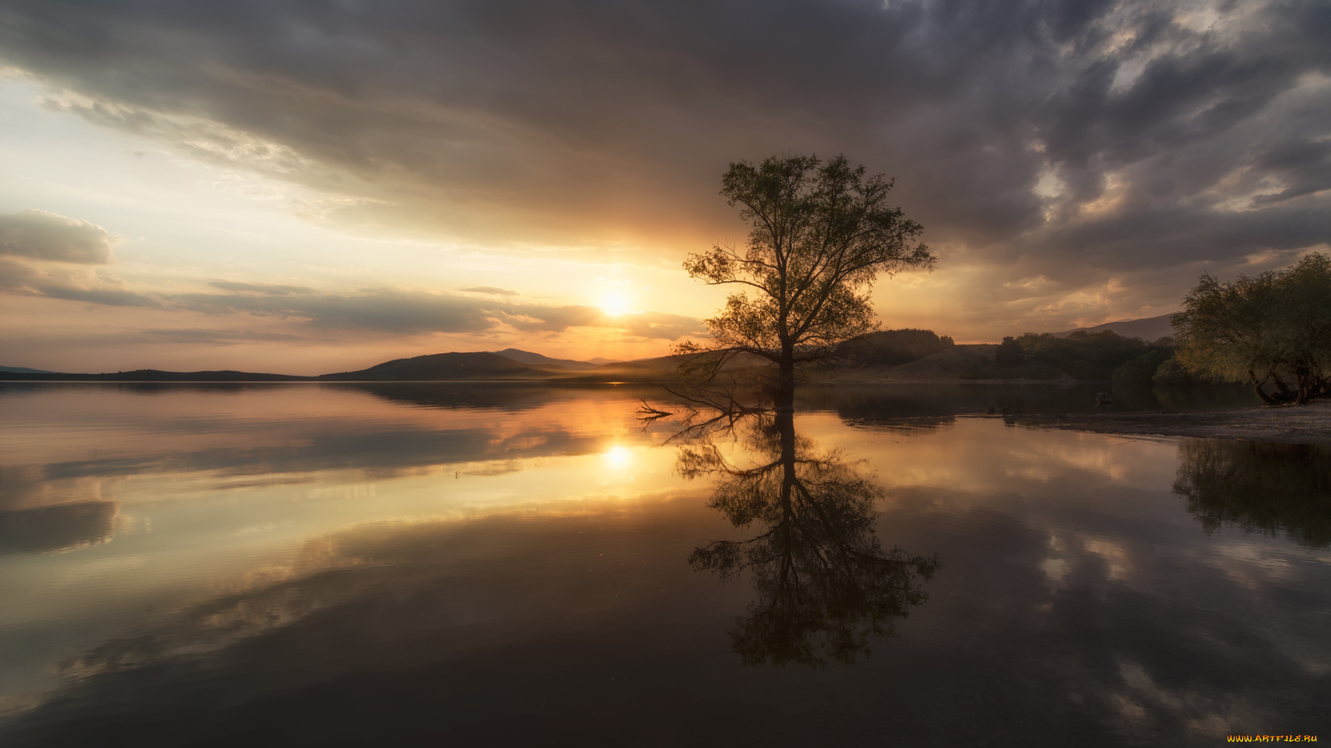 природа, восходы, закаты, небо, дерево, озеро