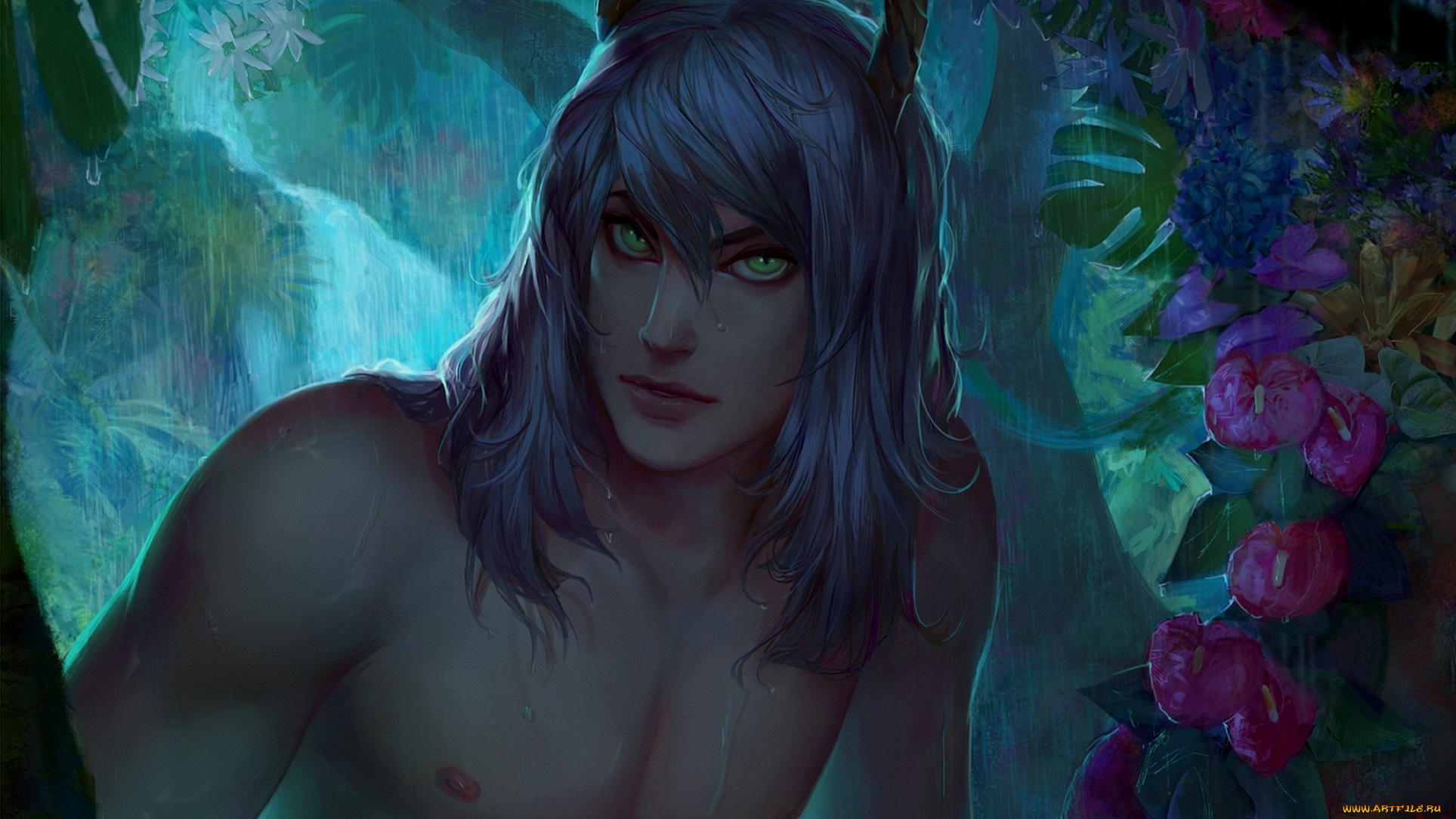 фэнтези, существа, змей, арт, парень, взгляд, цветы, рога, наг