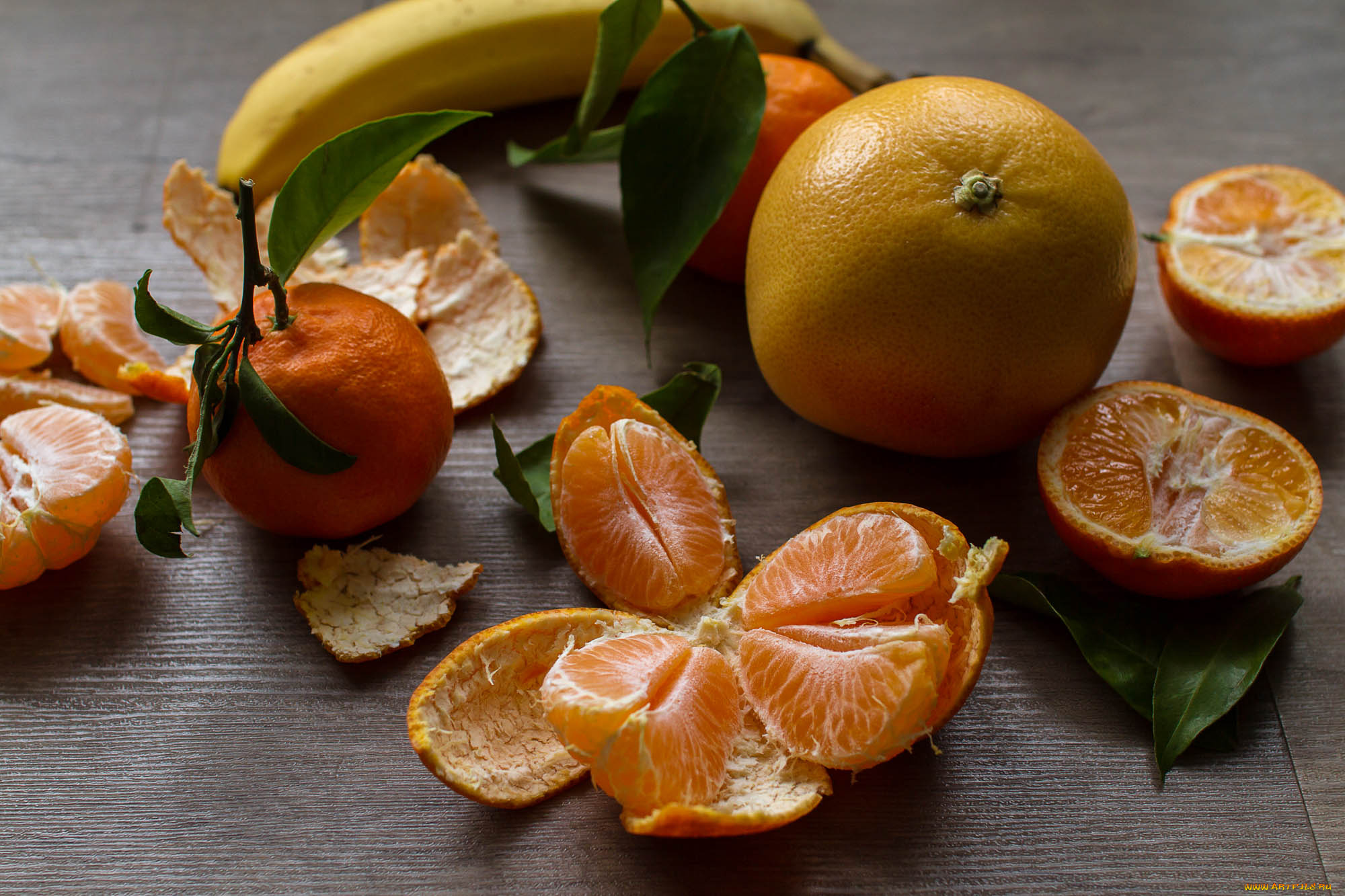 еда, цитрусы, банан