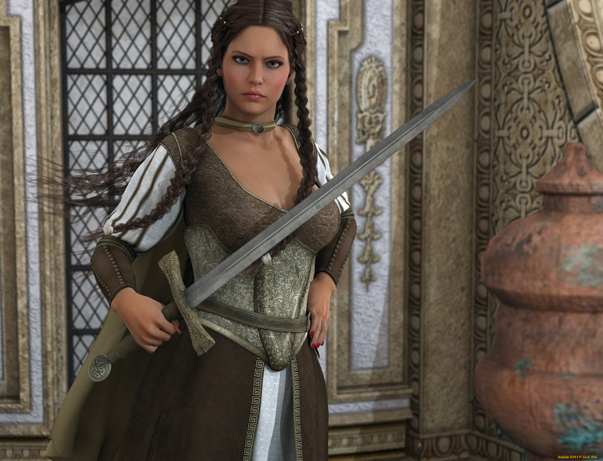 3д, графика, амазонки, , amazon, взгляд, девушка, меч, фон