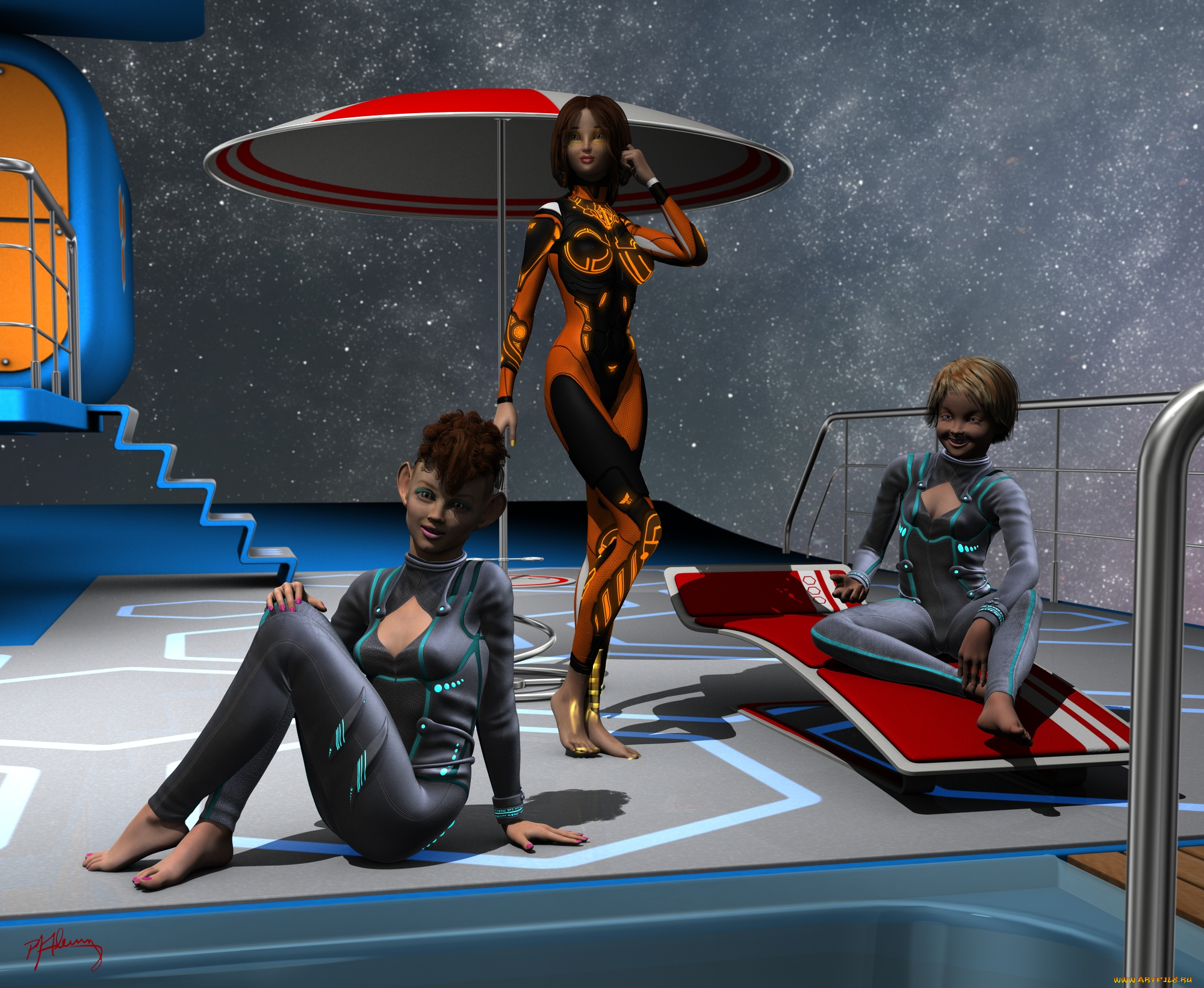 3д, графика, фантазия, , fantasy, бассейн, звезды, девушки, фон, взгляд