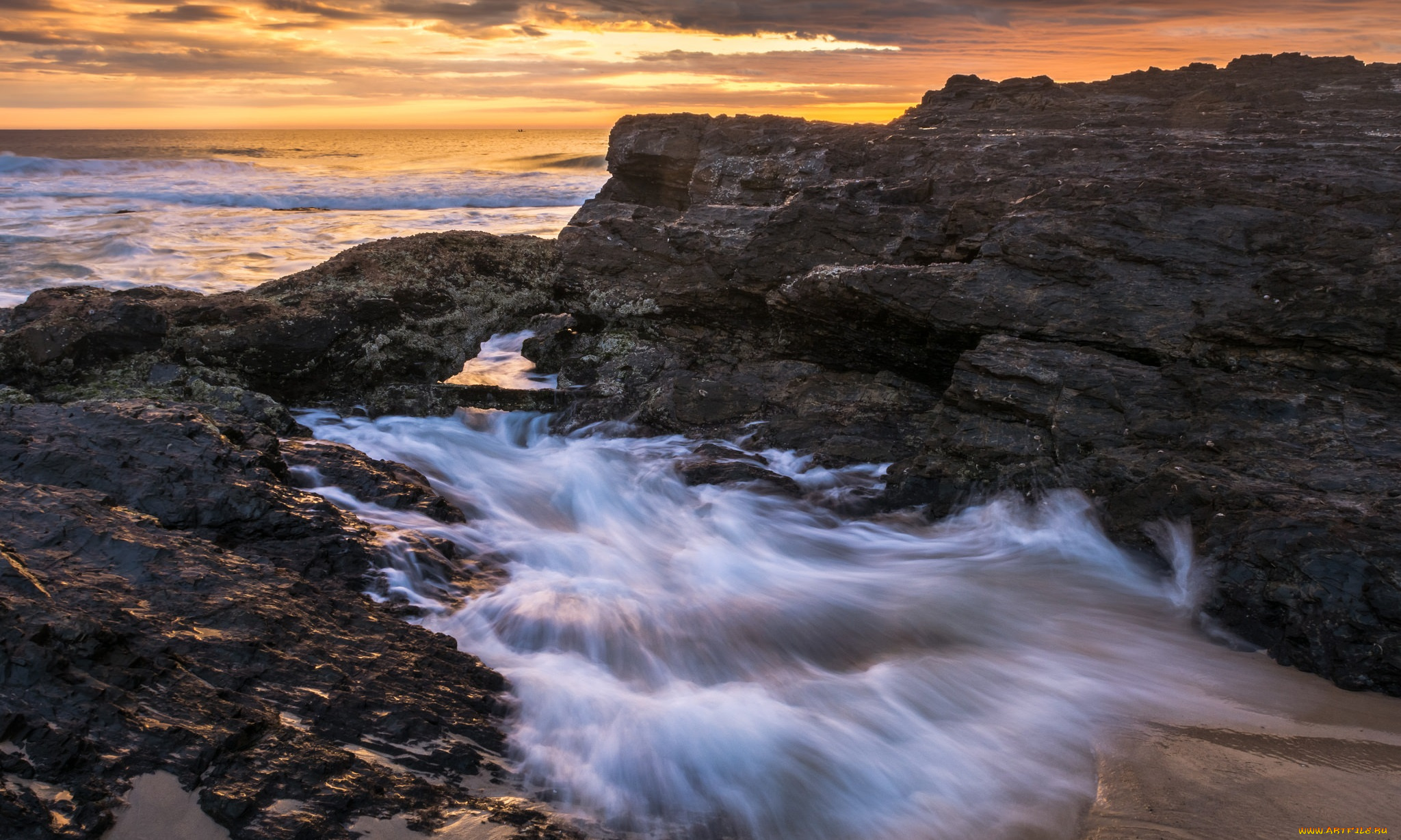 природа, побережье, океан, сумрак, тучи, скалы