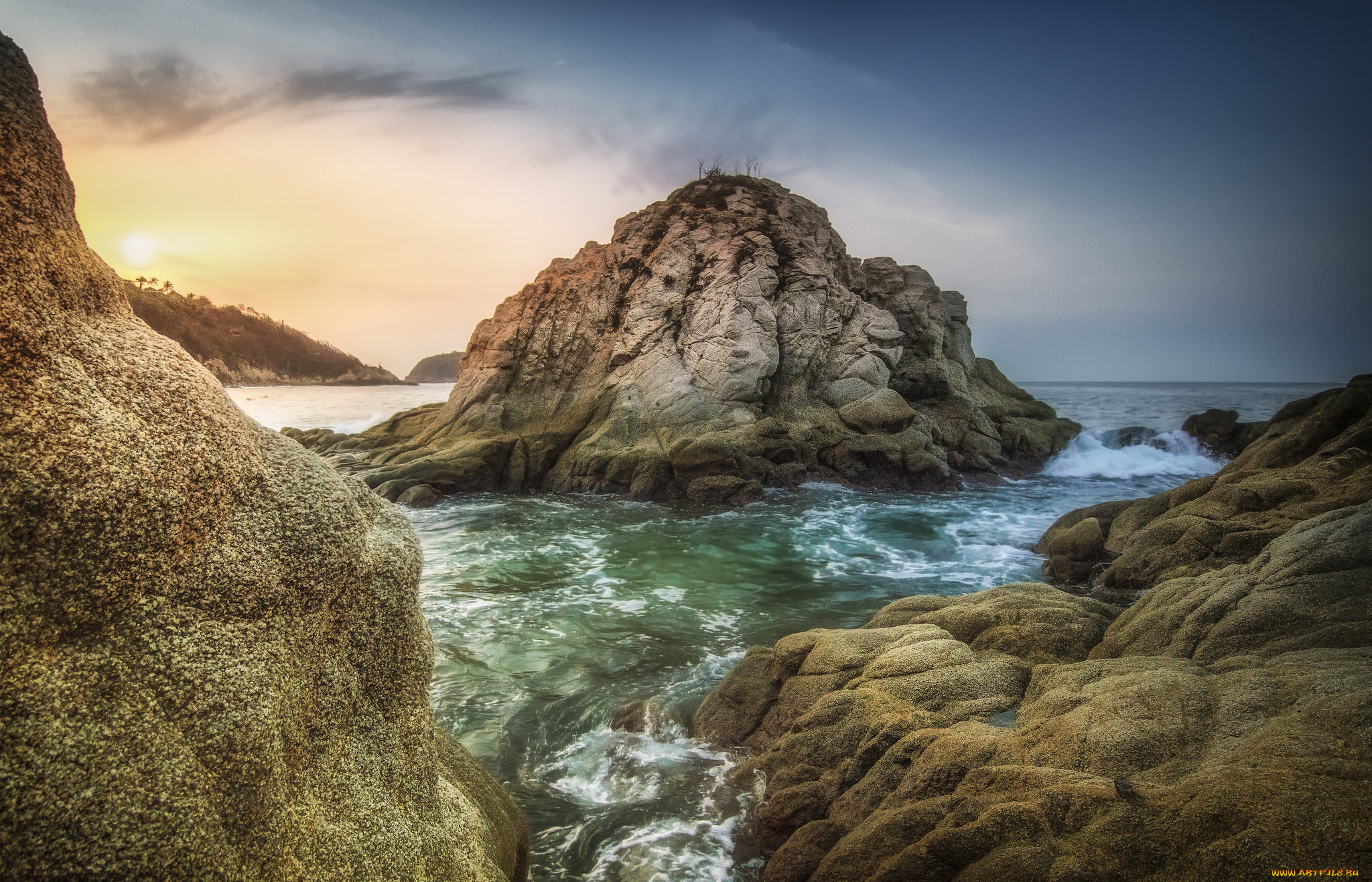 природа, побережье, рассвет, скалы, океан