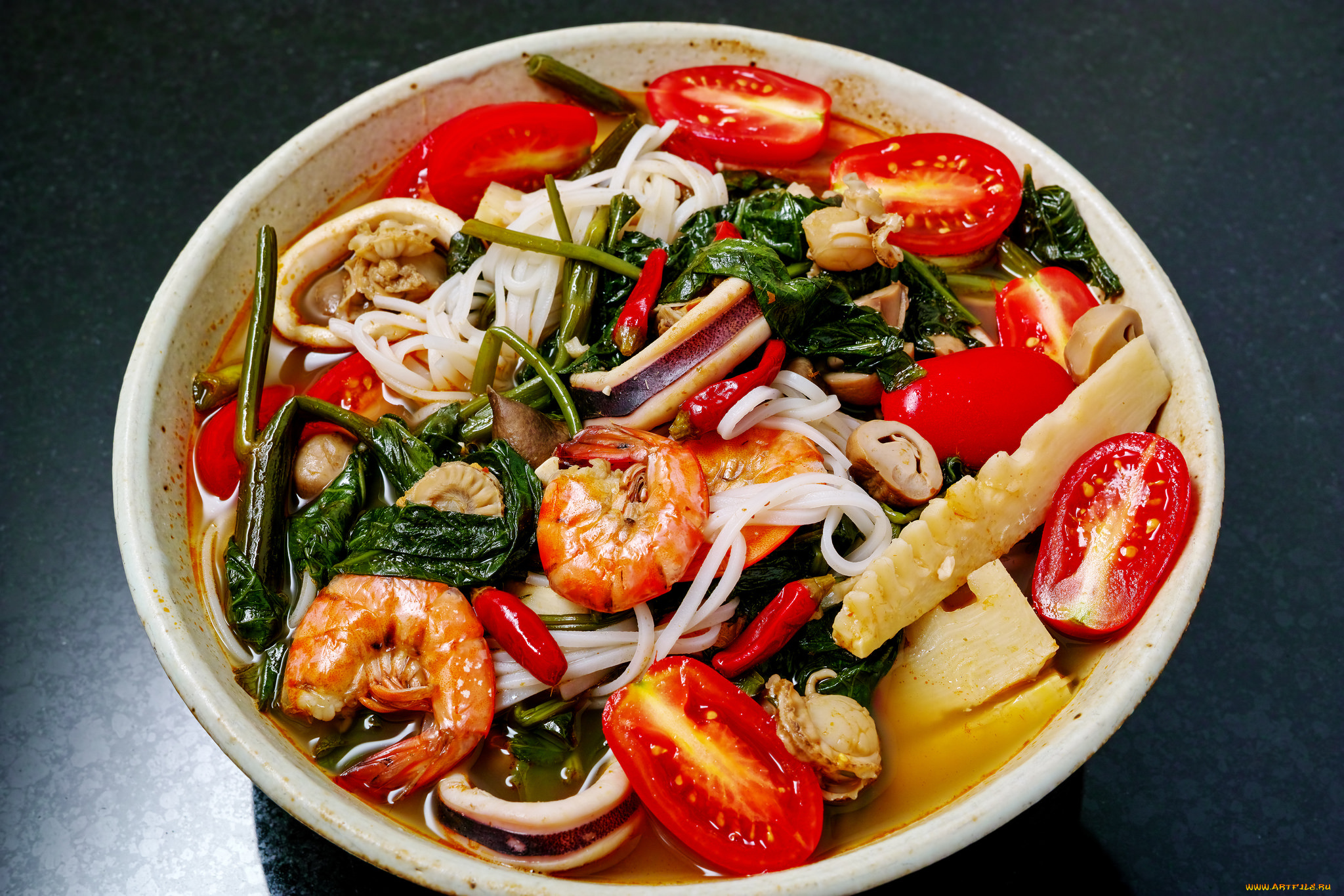 еда, макаронные, блюда, креветки, зелень, овощи, лапша