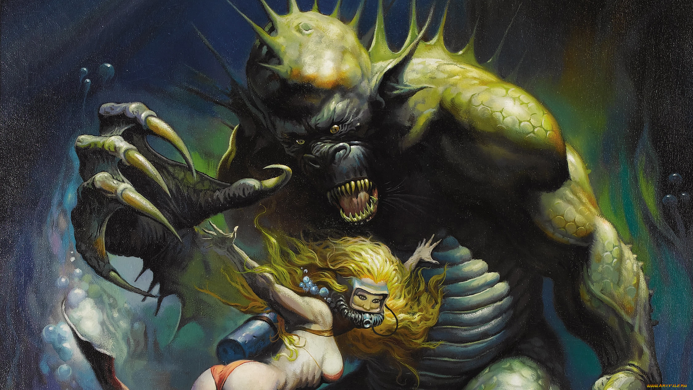 фэнтези, красавицы, и, чудовища, чудовище, акваланг, девушка, море